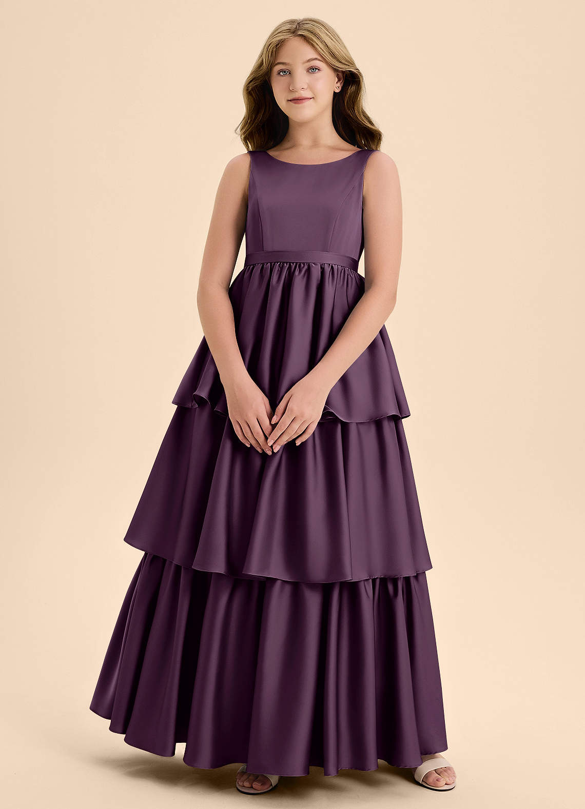 Azazie Meadowyn Junior Plum A-Line Bow Stretch Satin Dress image1