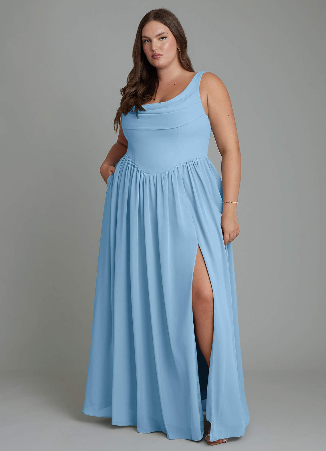 Azazie Novi Jurken voor bruidsmeisjes Jurk van Chiffon met A-lijn Geplooide Staal Blauw image1