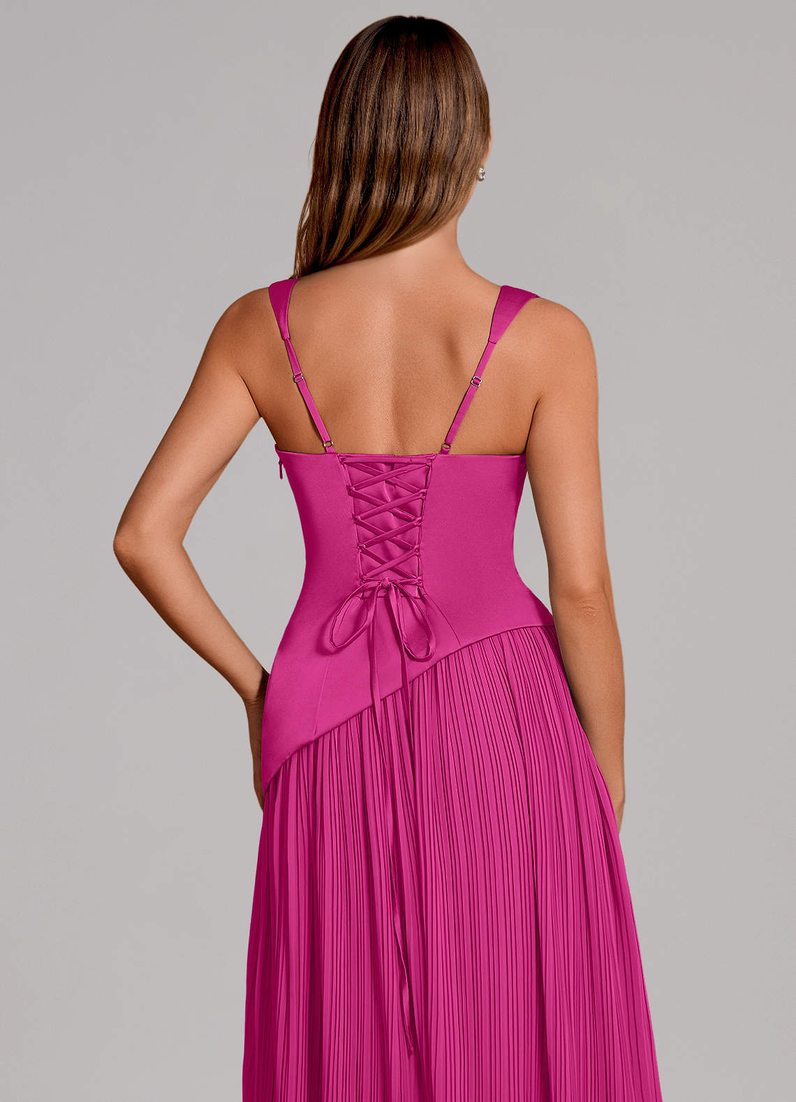 Azazie Stephanie Vestidos de damas de honor Vestido de Fucsia de Satén Elástico de Corte en A con Plisado image1