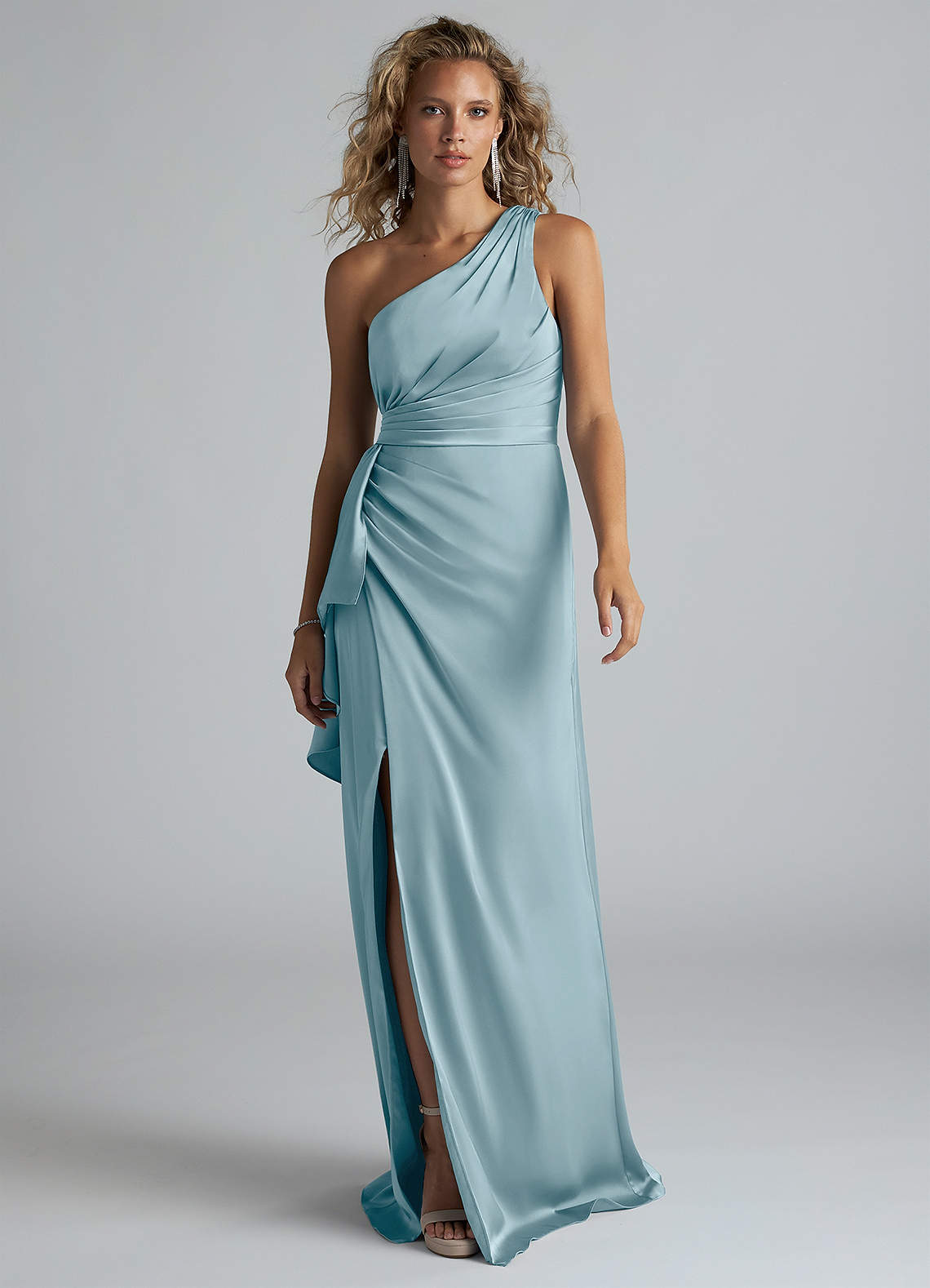 Azazie Maive Bridesmaid Dresses Moody Blue Sheath Ruched Stretch Satin Dress image1