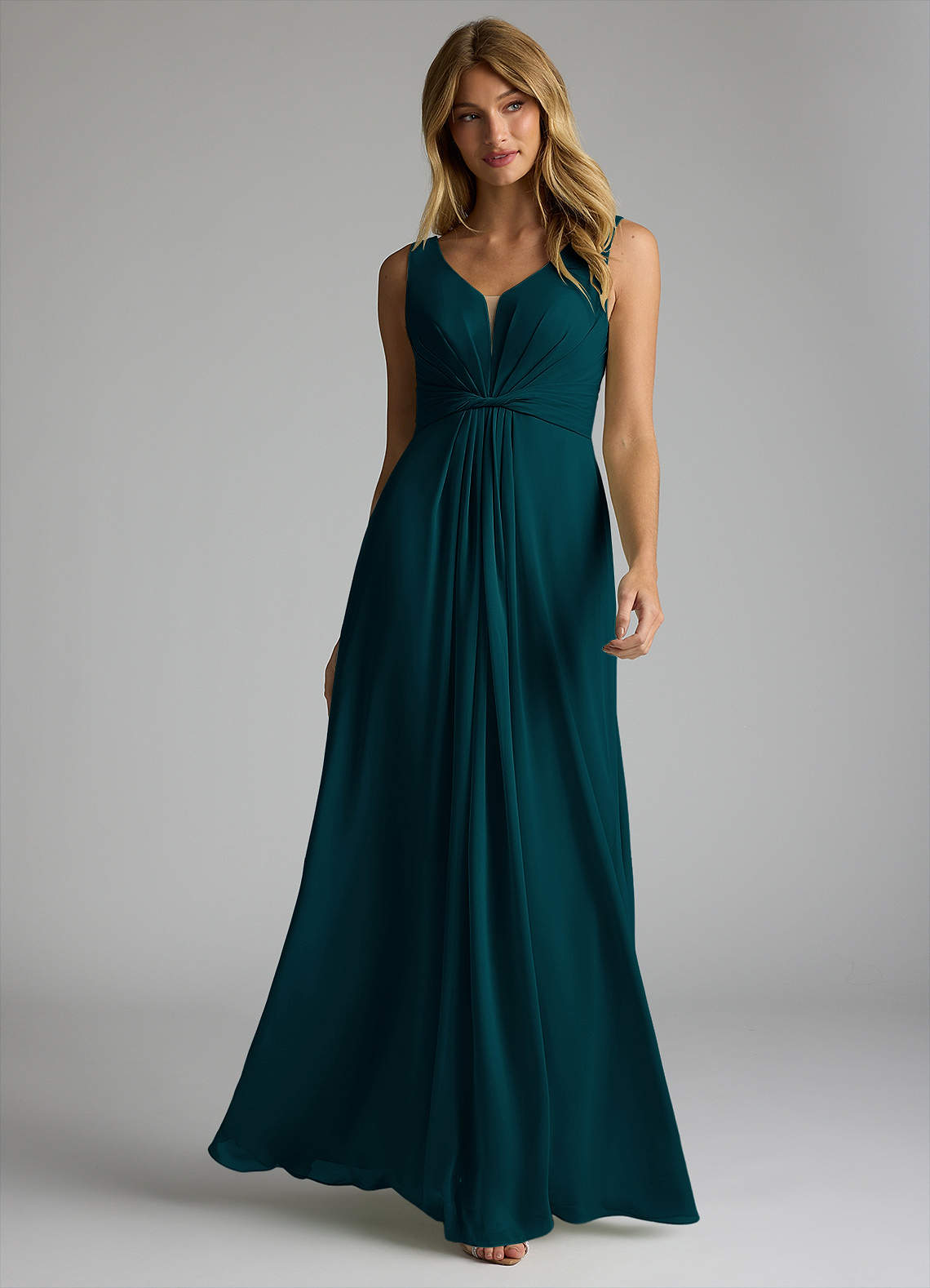 Azazie Gina Bridesmaid Dresses Pine A-Line V-Neck Pleated Chiffon Dress image1