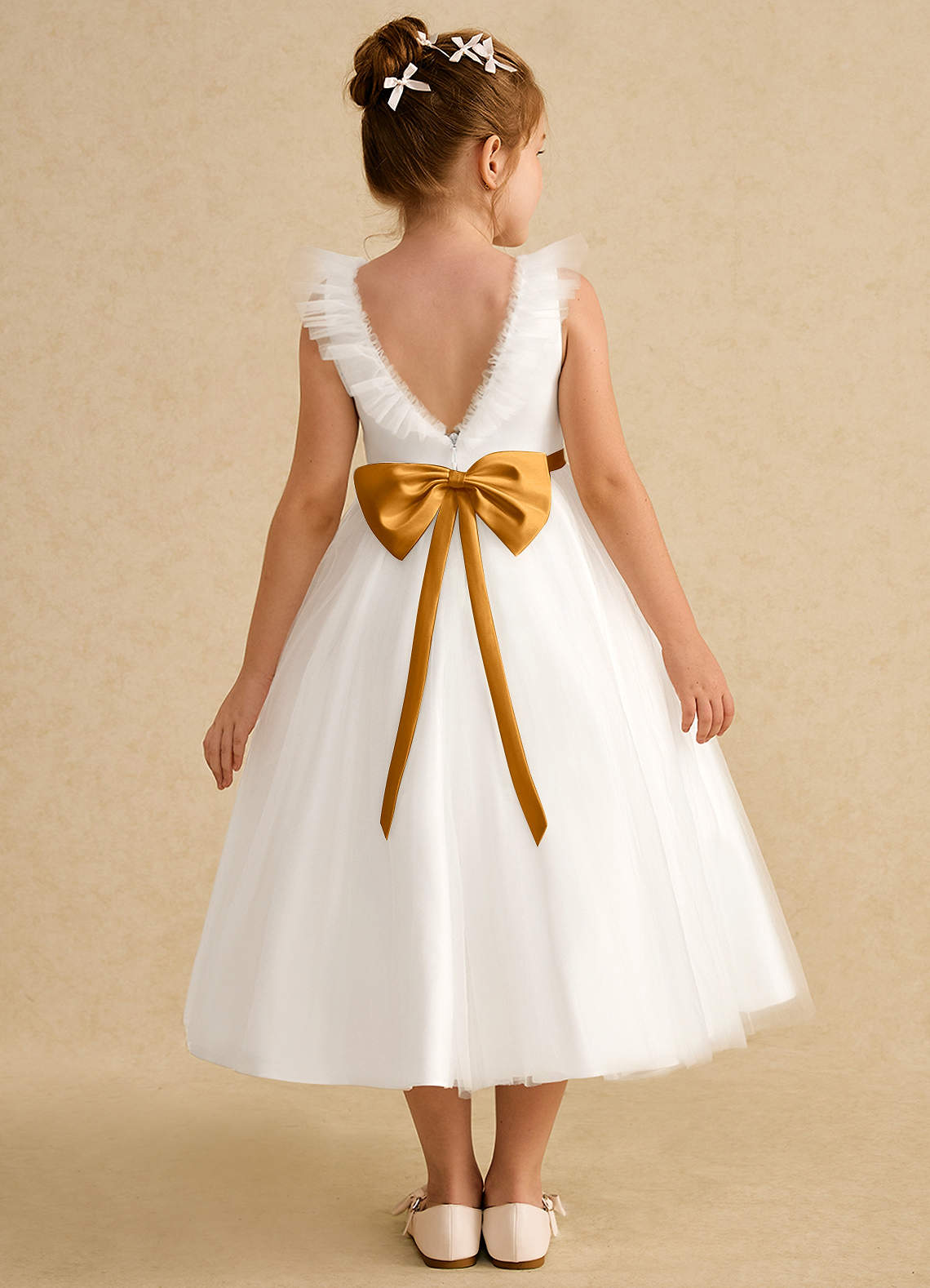 Azazie Amber Abiti da Ragazza di Fiori Abito A-Line in Tulle Fiocco Avorio Caramello image1