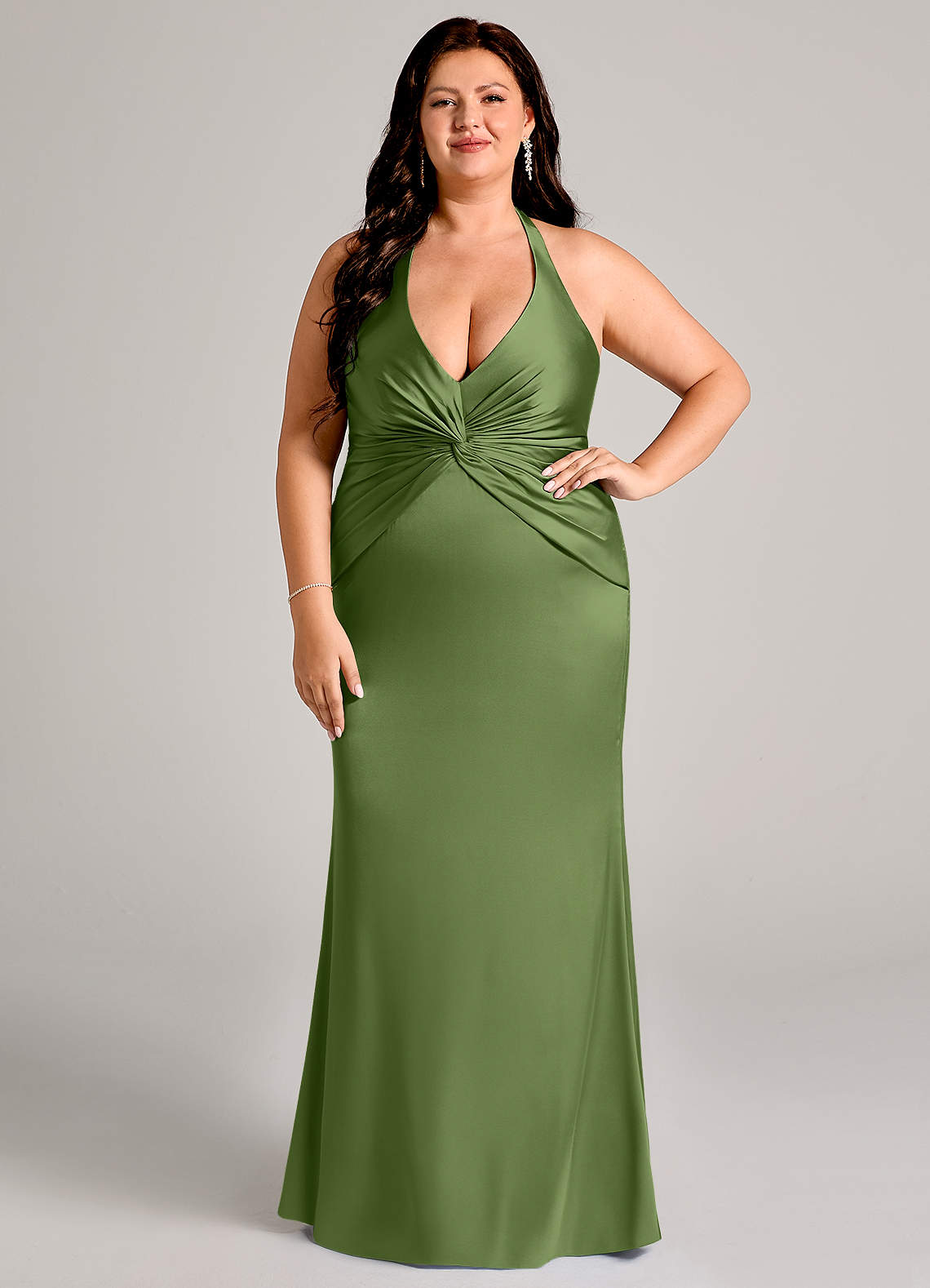 Azazie Valerie Brudtärnklänningar Klä av Sjöjungfru i Stretch Satin Plisserad Enbärsgrön image1