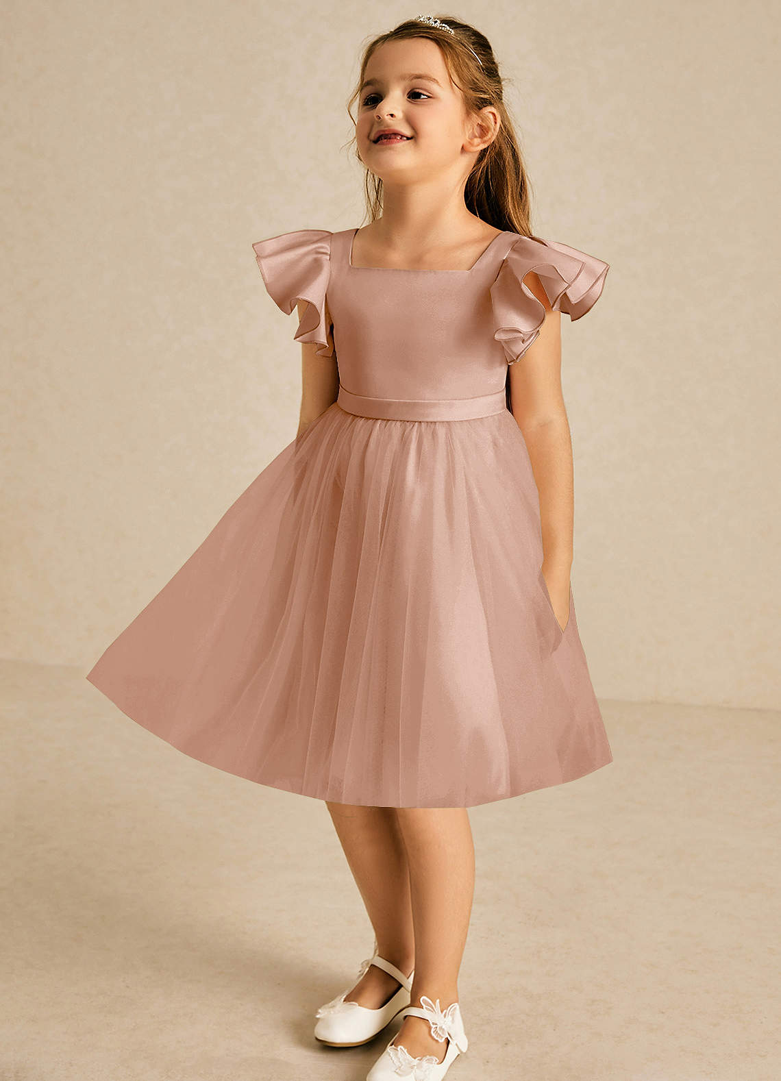 Azazie Kaeya Robe Demoiselle D'honneur Fillette Robe Trapèze en Tulle Arc Champagne Rosé image3