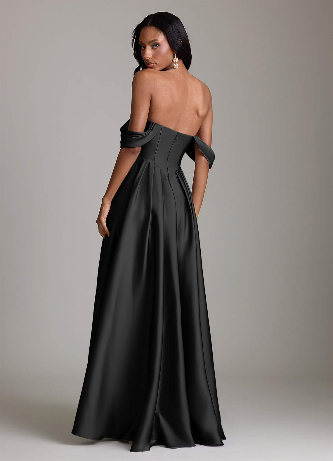 Azazie Loisa Bridesmaid Dresses Black A-Line Off the Shoulder Stretch Satin Dress image1