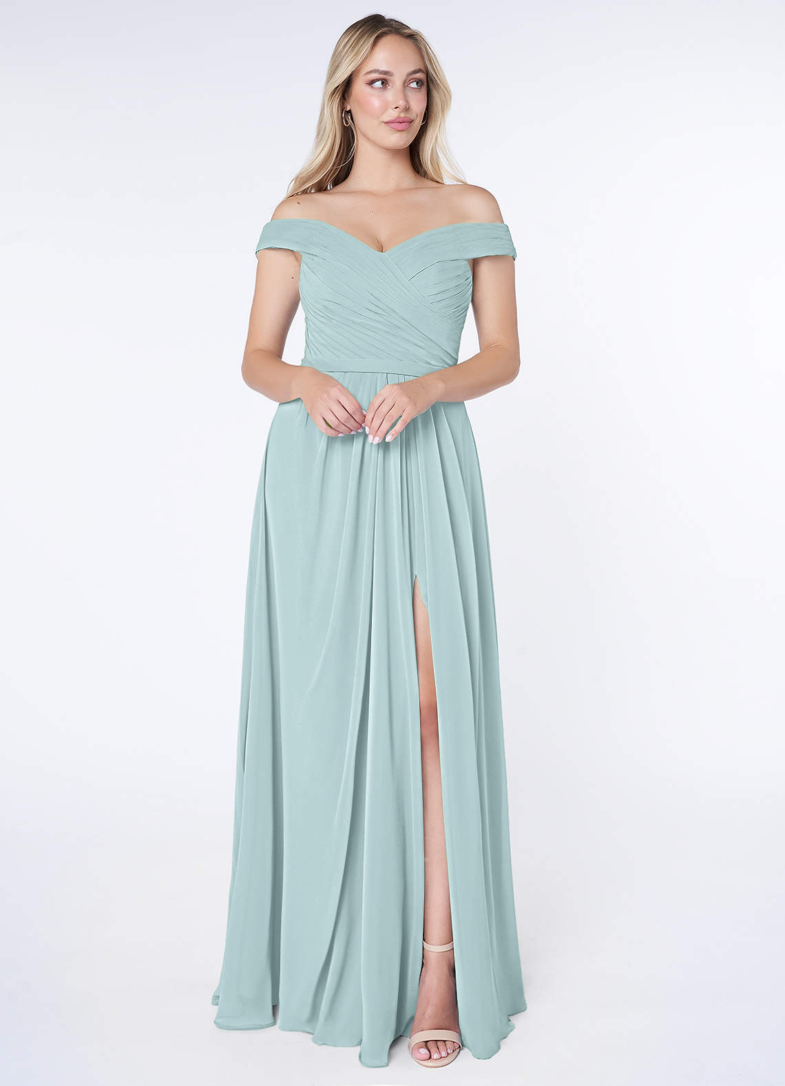 Azazie Audrianna Bridesmaid Dresses Mist A-Line Off-The-Shoulder Gathered Chiffon Convertible Dress image1