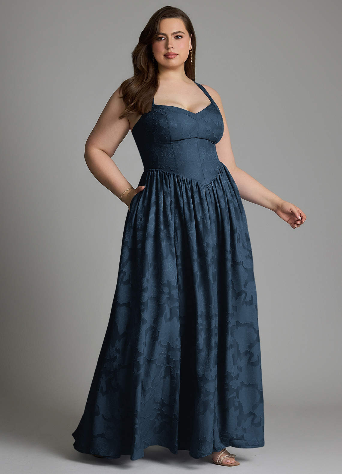 Azazie Francis At-home Try On Dresses Dark Navy A-Line Corset Floral Burnout Dress image12