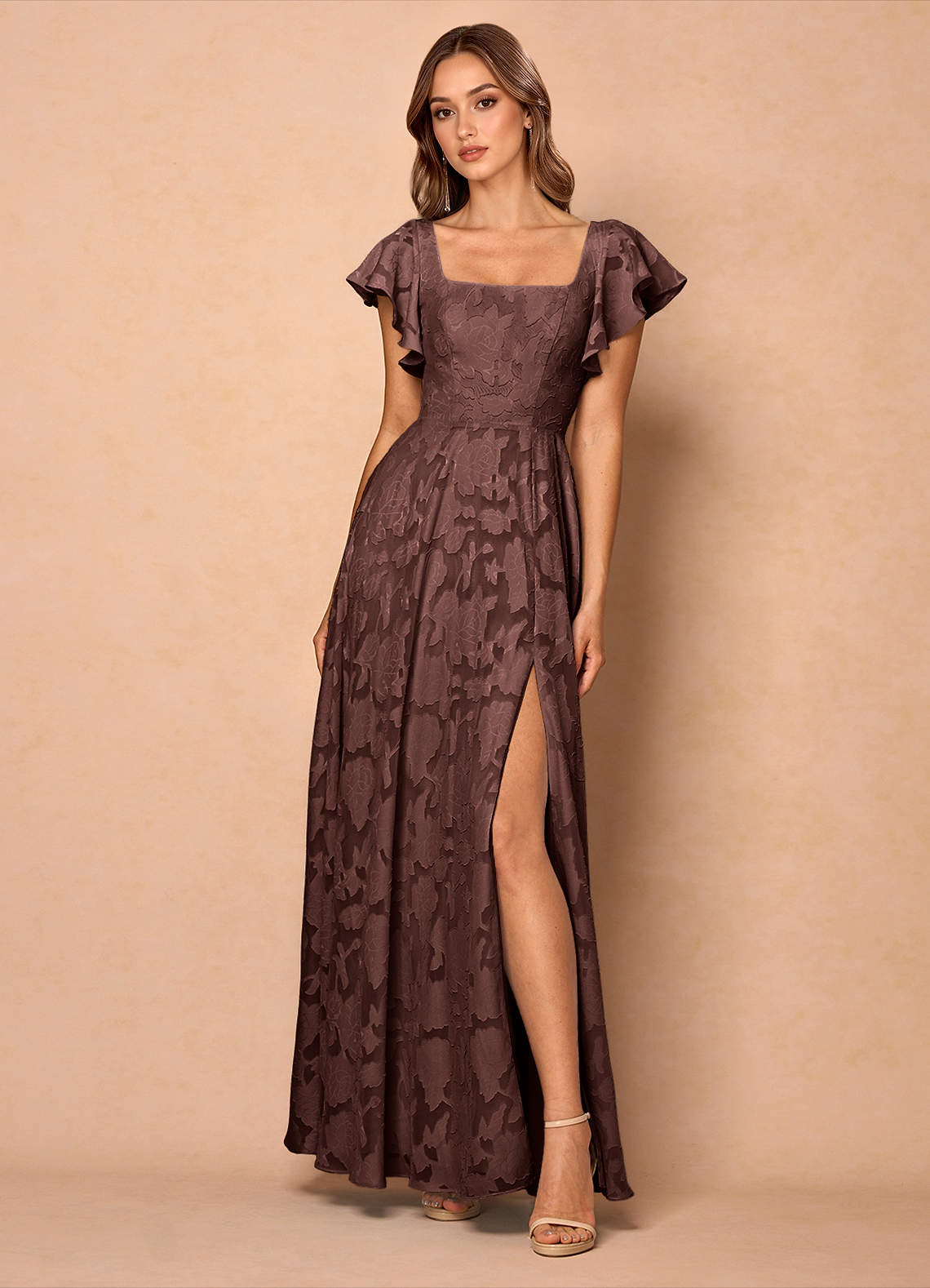 Anna Mocha Coco Ruffled Maxi Dress | Azazie