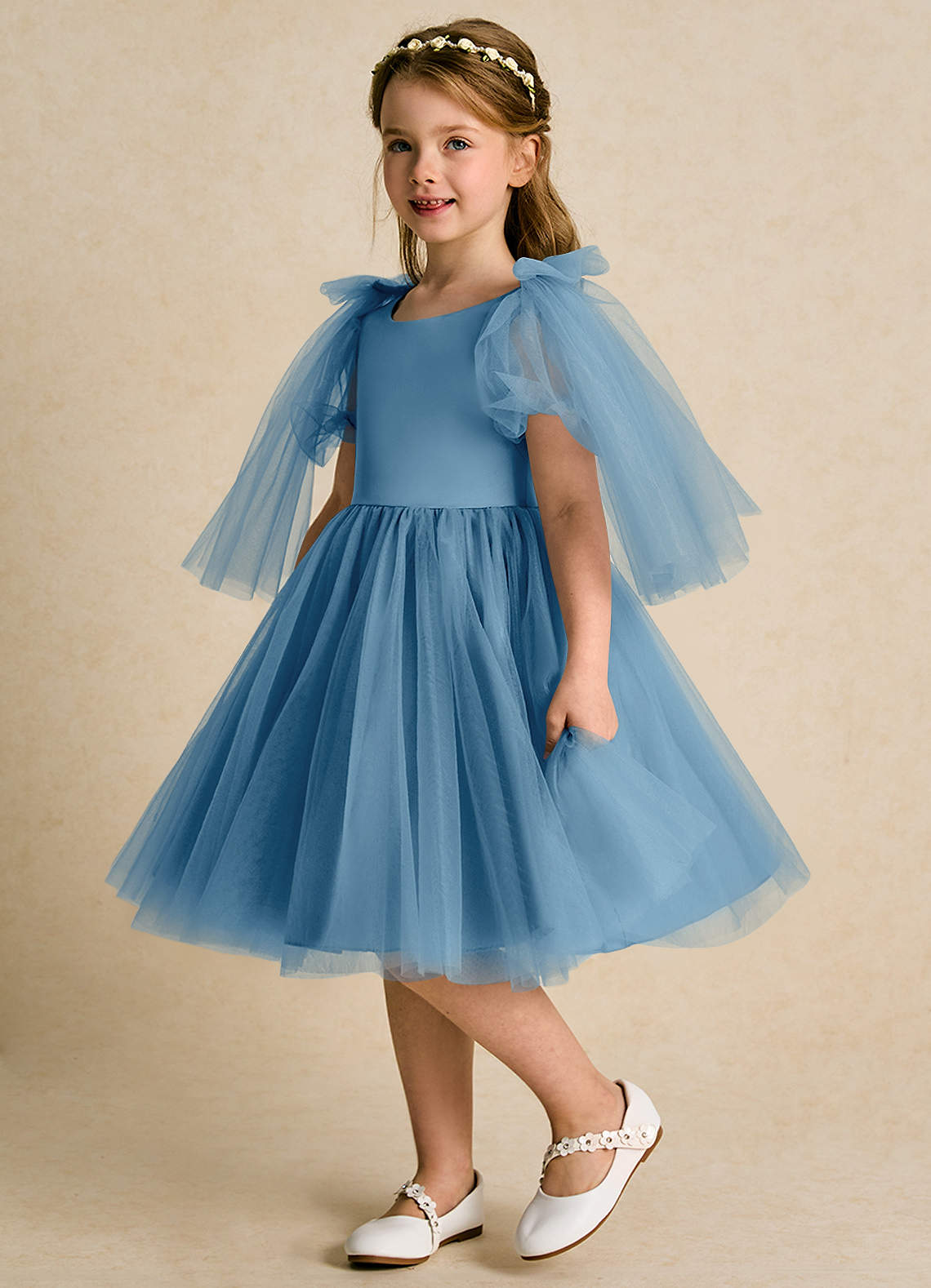 Azazie Duchess Steel Blue A-Line with Sleeves Tulle Dress Azazie