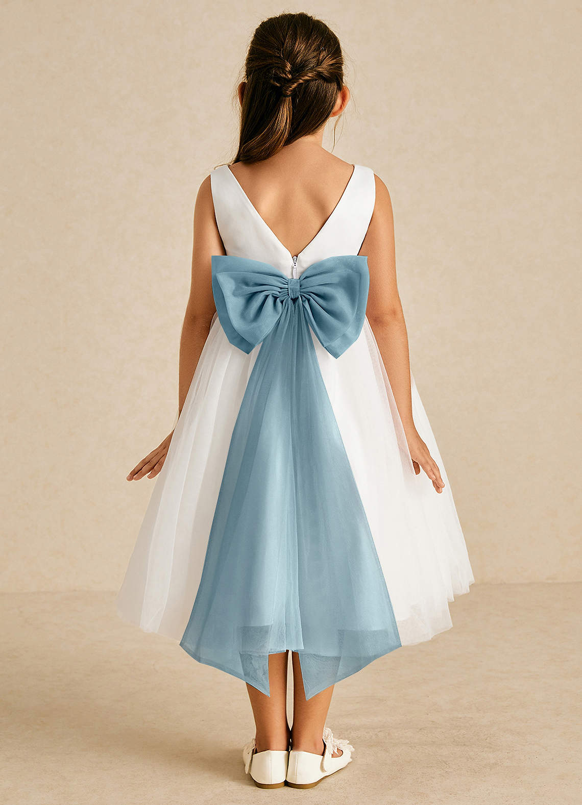 Azazie Kavi Flower Girl Dresses Ivory Moody Blue A-Line Bow Matte Satin Dress image1