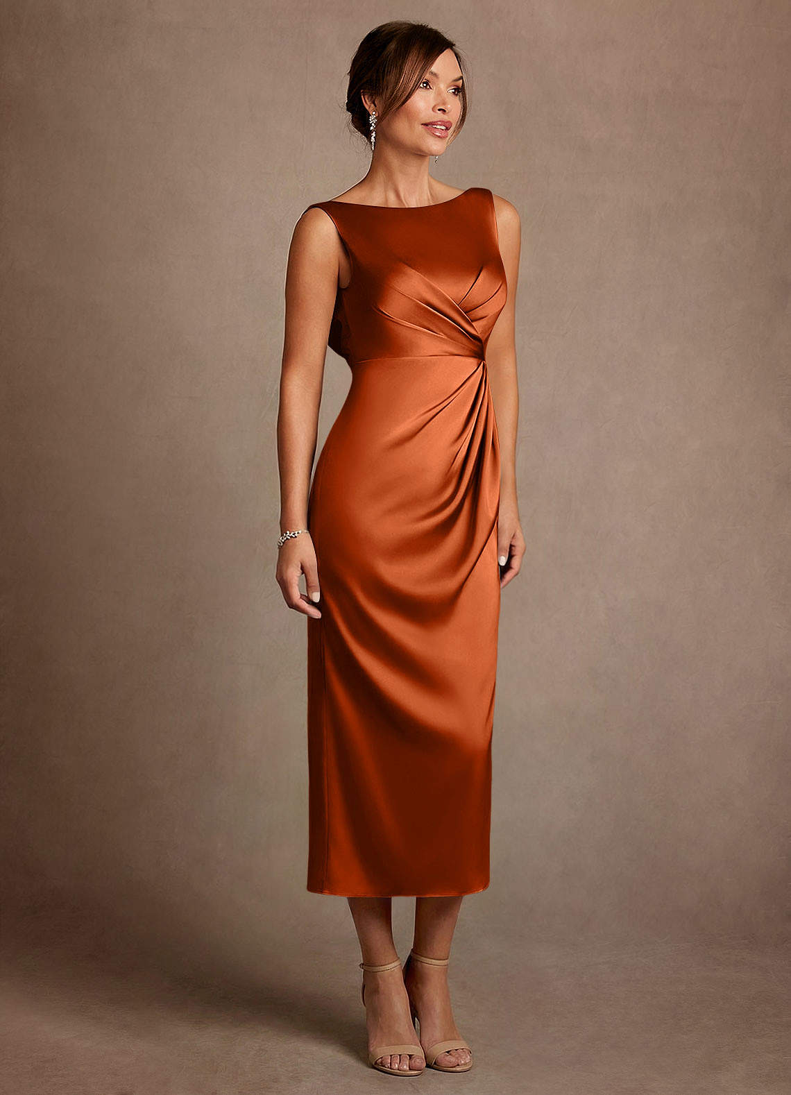 orange silk dress self-portrait - Burnt Satin Midi sultry sweetheart bustier neckline and elegant draped cowl detail Cute Bodycon Cowl Neck Orange