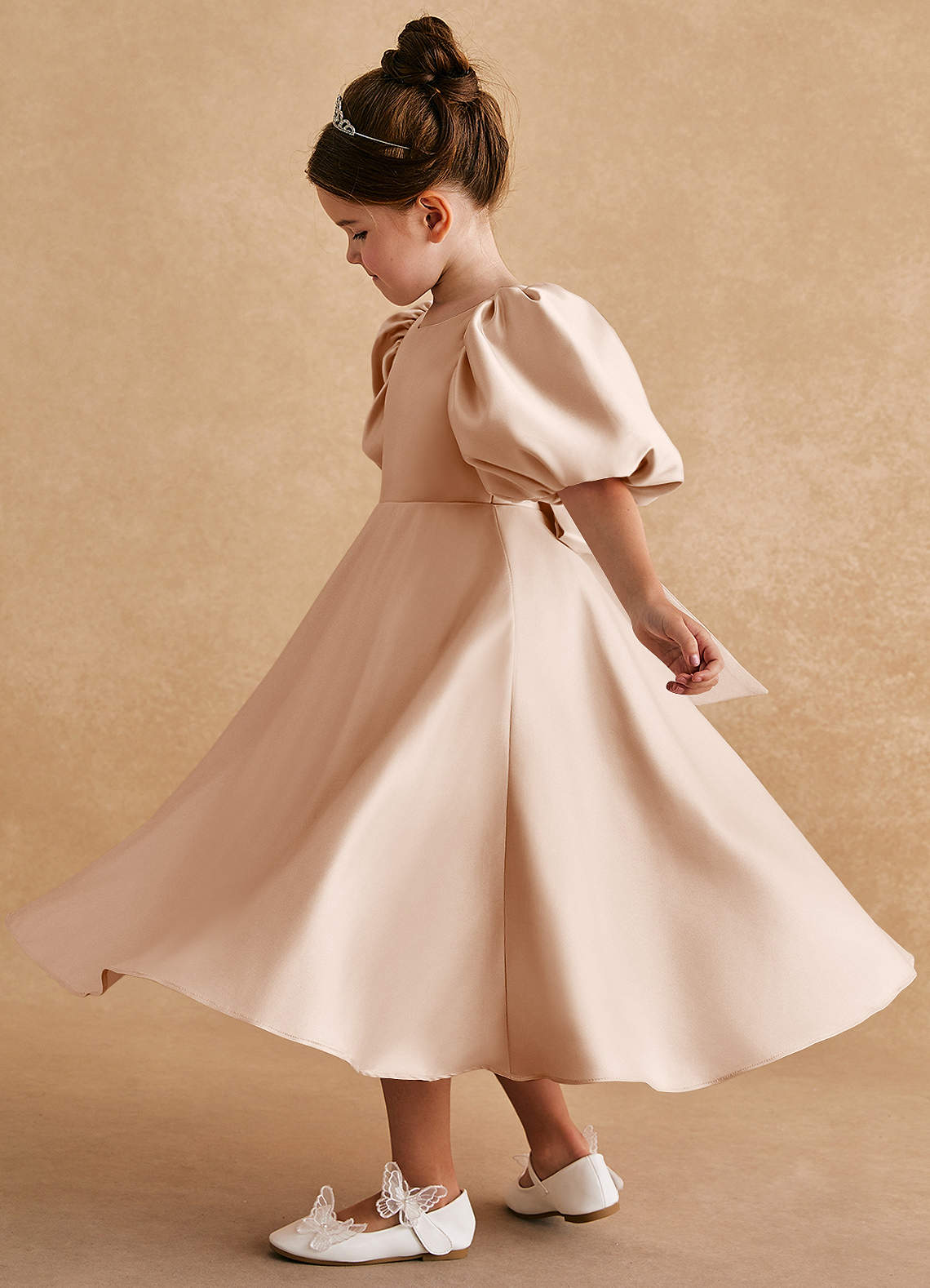 Azazie Sugarplum Flower Girl Dresses English Rose A-Line with Sleeves Matte Satin Dress image1