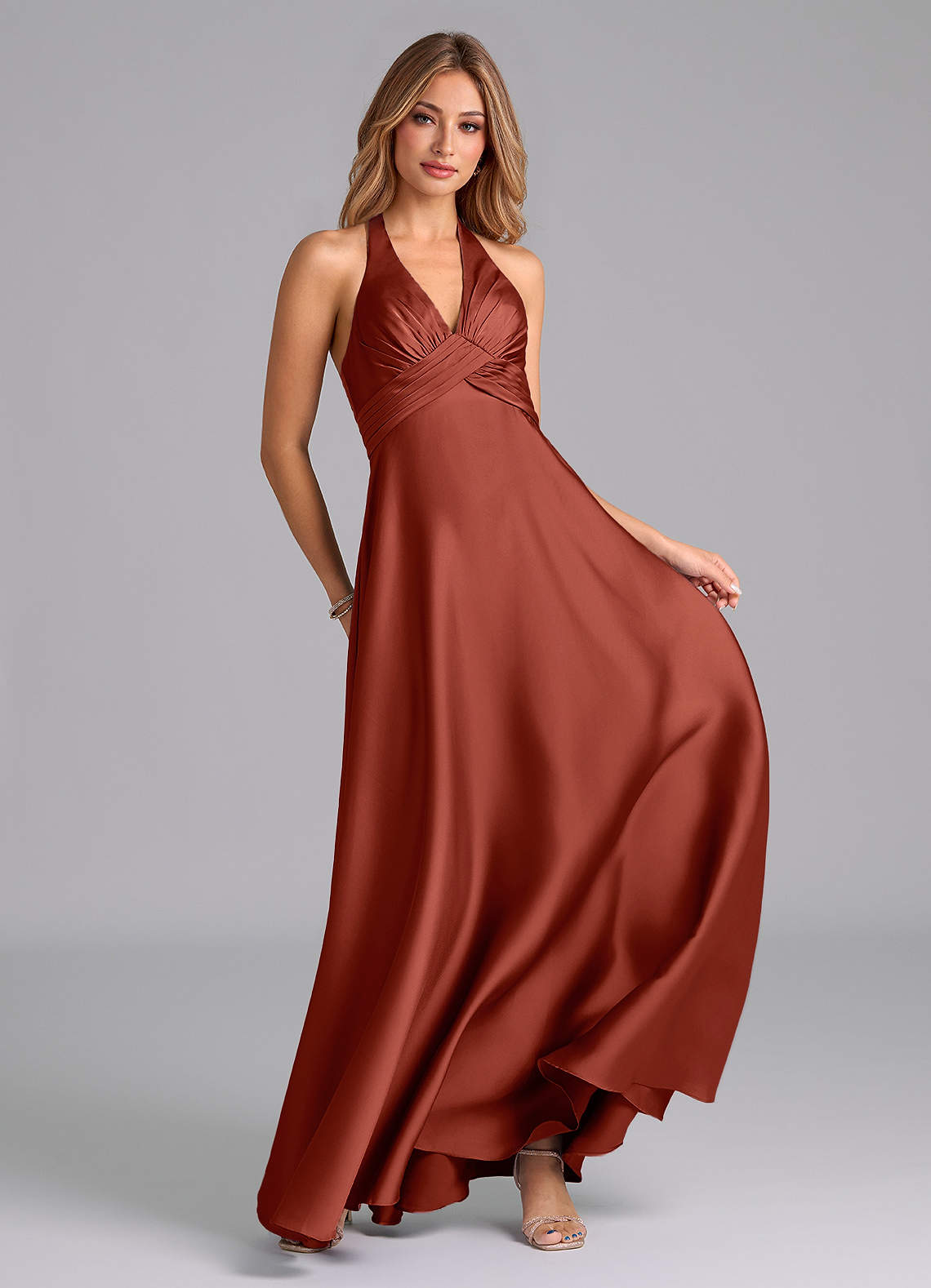 Azazie Tessie Vestidos de prueba en casa Vestido de Terracota de Satén Elástico de Línea A con Plisado image2