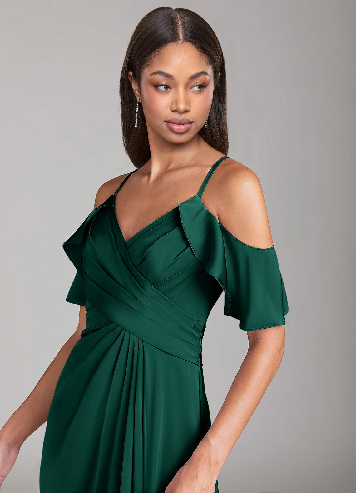 Azazie Dakota Bridesmaid Dresses Emerald A-Line Off the Shoulder Stretch Satin Dress image4