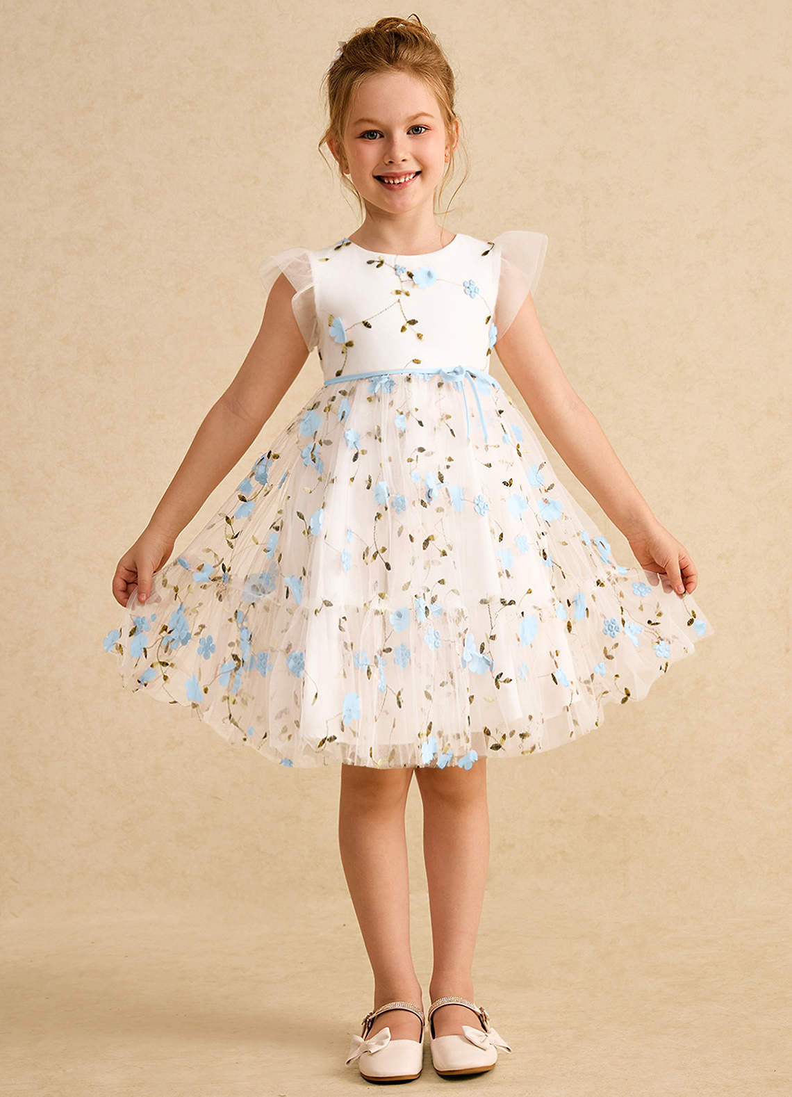 Azazie Anastasia vestidos de niña de las flores Vestido de Marfil Azul Cielo de Tul de Corte En A con Lazo image1