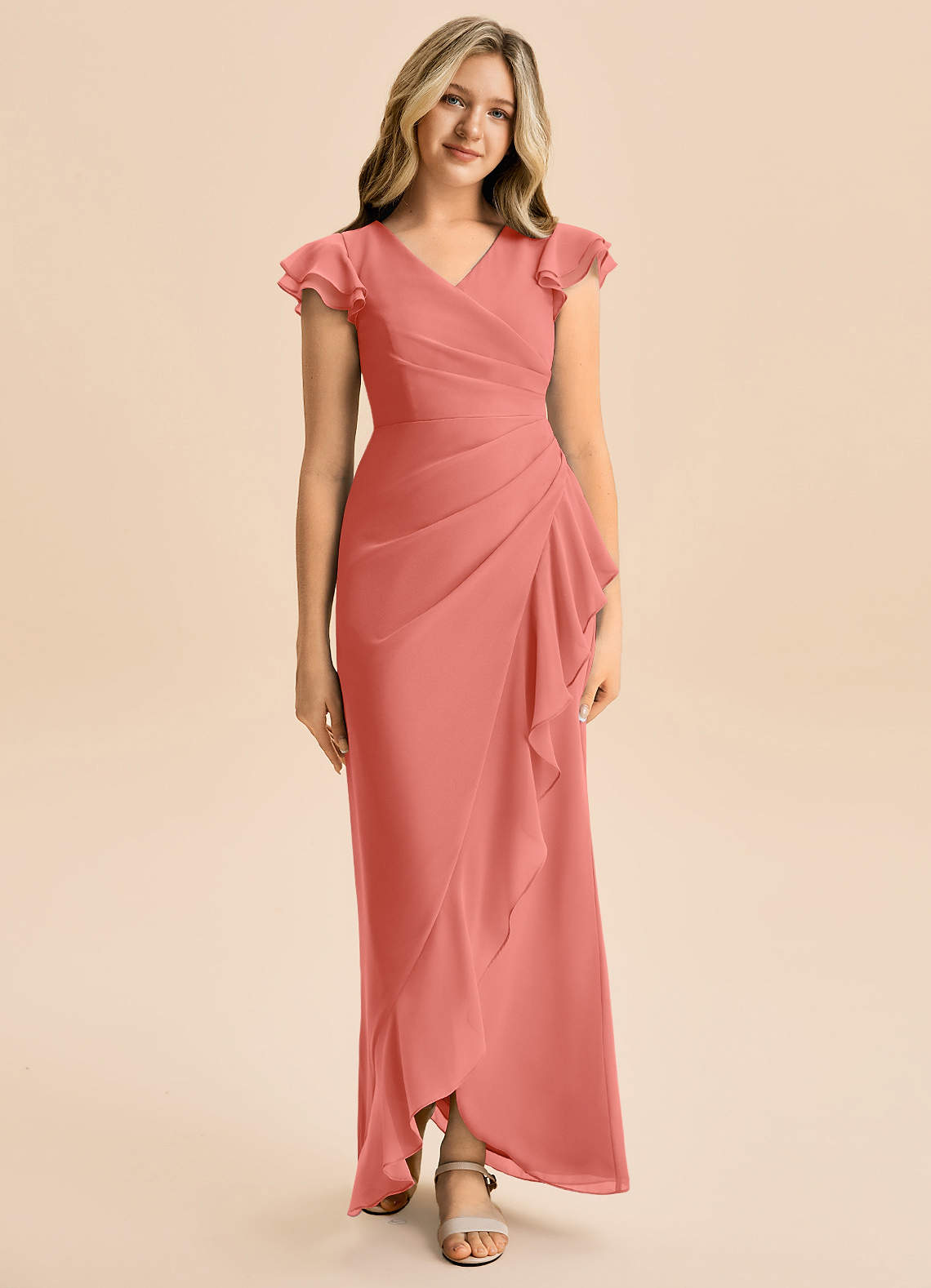 Azazie Julie Junior Vestido de Rosa Salmón de Gasa de Corte Sirena con Volante image3