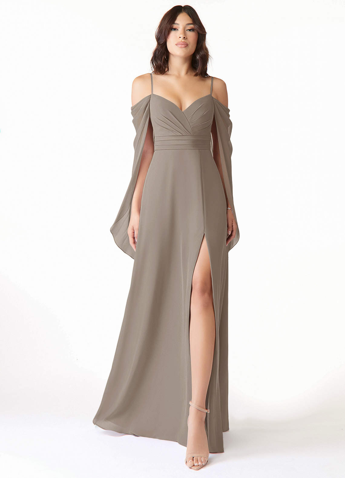 Azazie Cienna Jurken voor bruidsmeisjes Jurk van Chiffon met A-Lijn Off the Shoulder Taupe image1