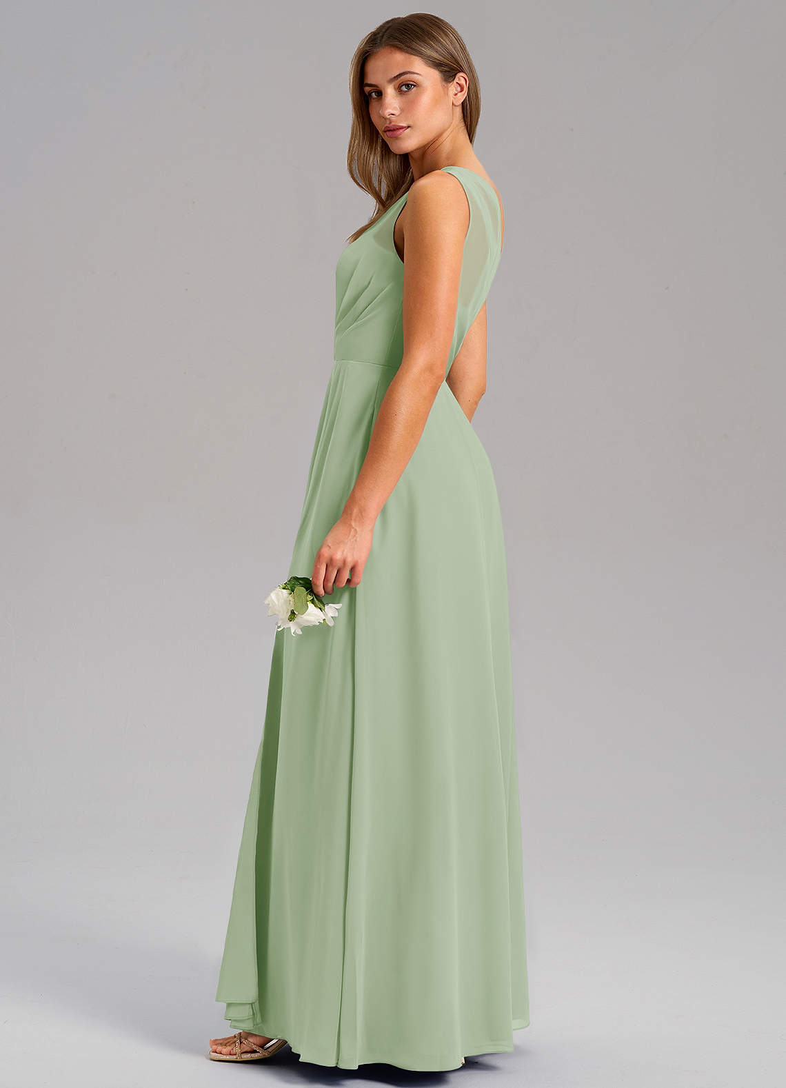 Azazie Phaedra Vestidos de madrinha de casamento Vestido Dusty Sage de Chiffon de Linha A com Um ombro image5