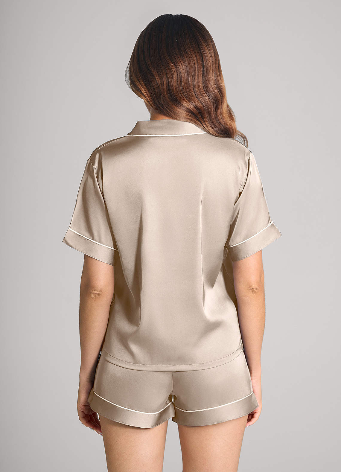 front Matching Color Satin Contrast Piping Pajama Set