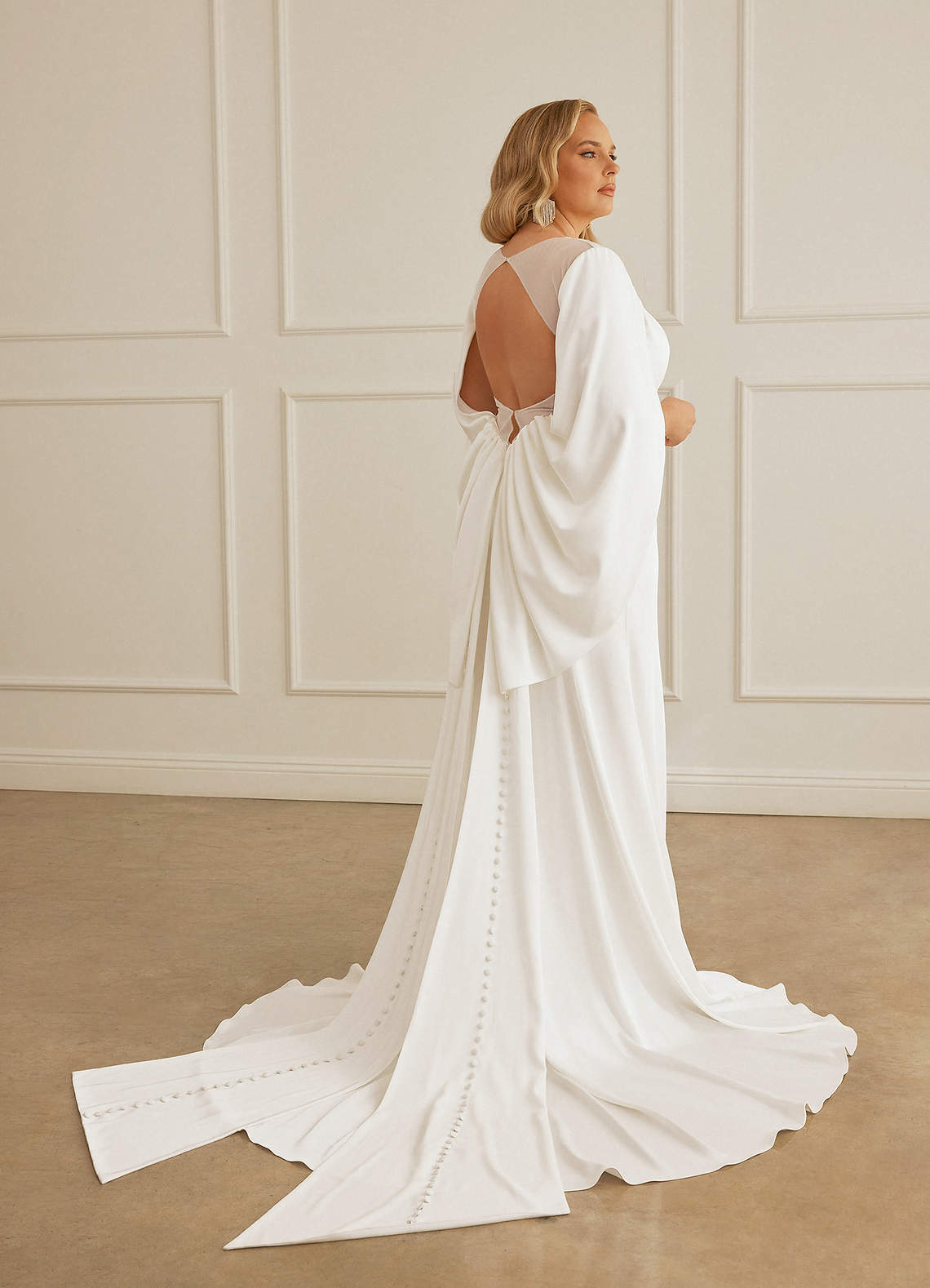 Christian Siriano Bridal for Azazie 2001 Wedding Dresses Plunging Cape Sleeve Crepe Back Satin Mermaid Gown image15