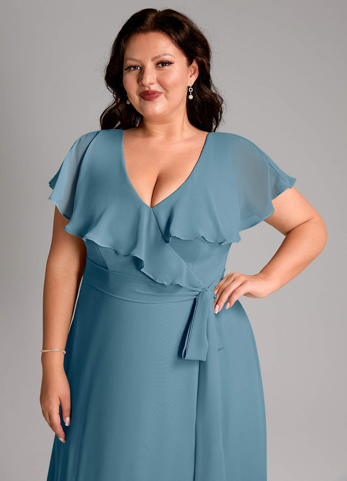 Azazie Lainey At-home Try On Dresses Dusty Sage A-Line with Pockets Chiffon Dress image12