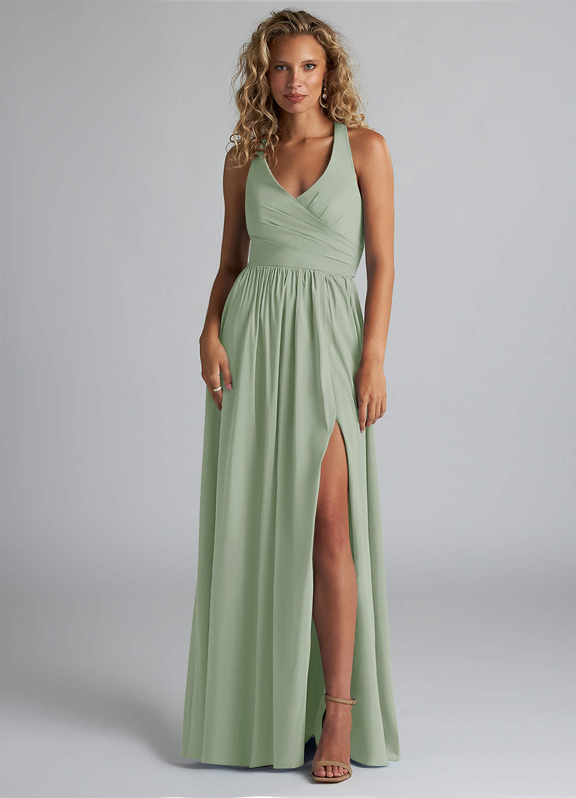 Azazie Kecia Bridesmaid Dresses Dusty Sage A-Line V-Neck Stretch Chiffon Dress image1