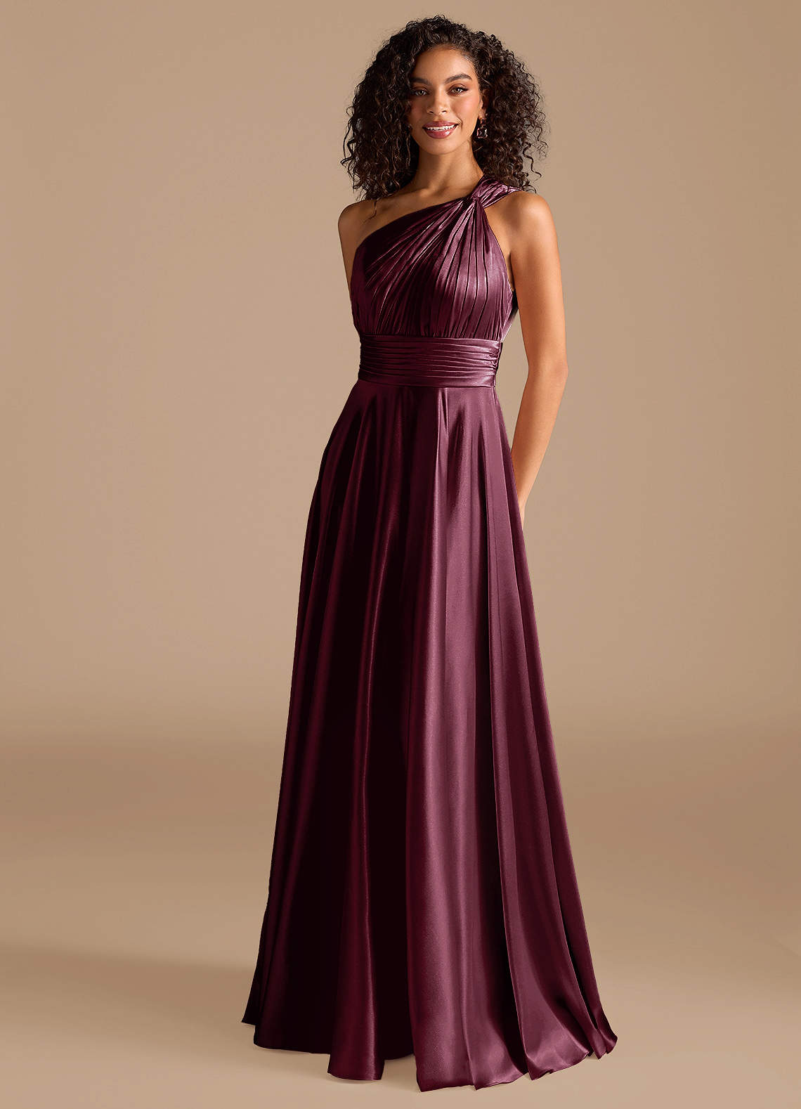 Azazie Charlize Brautjungfernkleider A-Linie One-Shoulder Metallischer Satin Kleid Cabernetrot image1