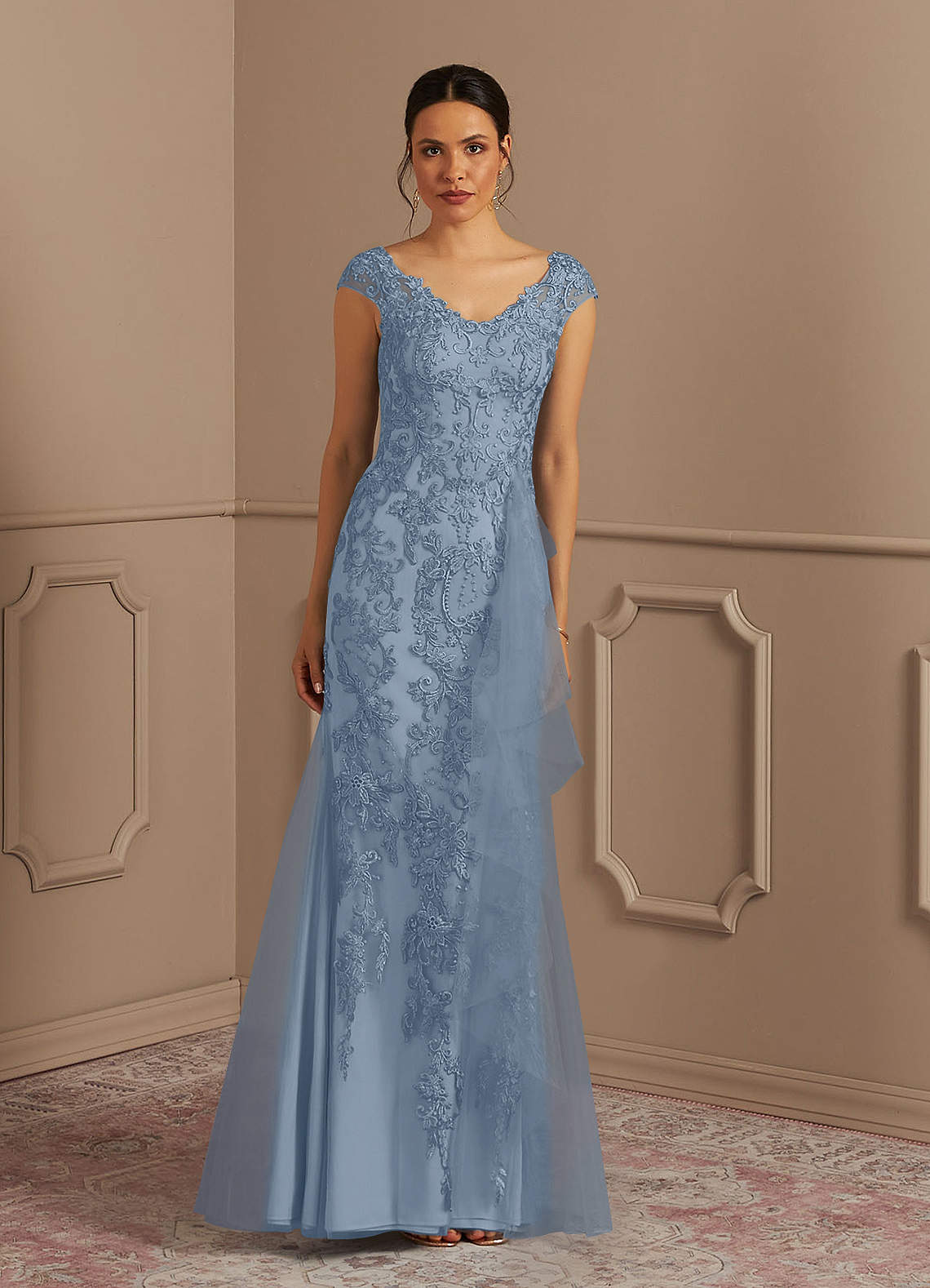 Azazie Melena vestidos de madre de la novia Vestido de Azul Polvoriento de Tul de Sirena con Encaje image1