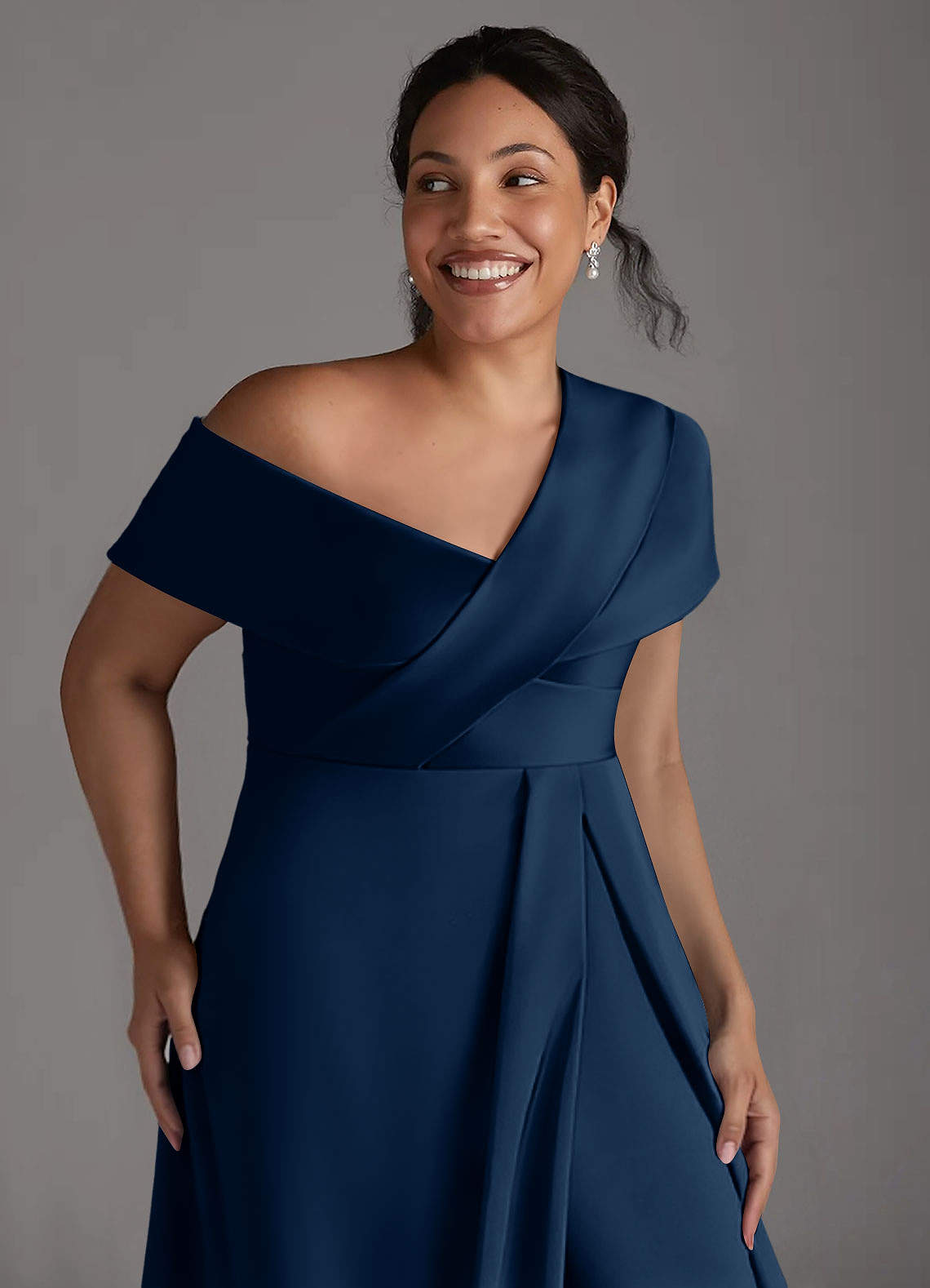 Azazie Milton Mother of the Bride Dresses Dark Navy A-Line Pleated Stretch Satin Dress image12