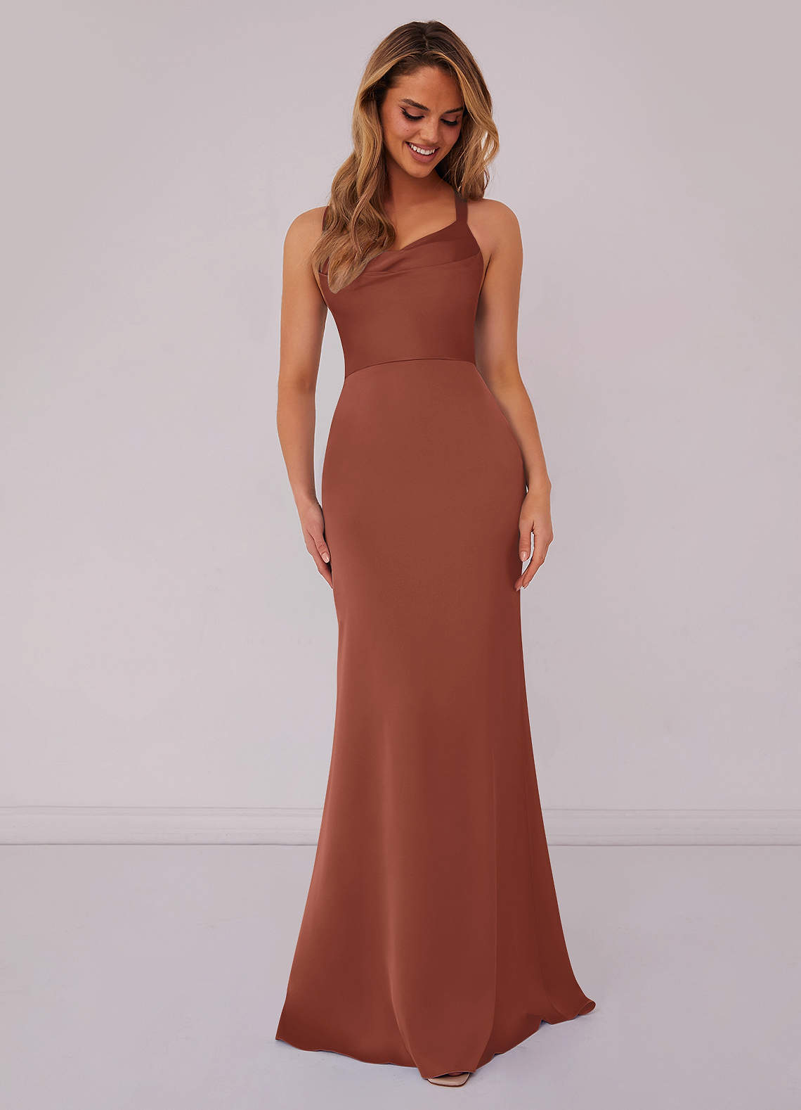 Barbie ♥ Azazie Bridesmaid Dresses Auburn Mermaid Pleated Stretch Satin Dress image1
