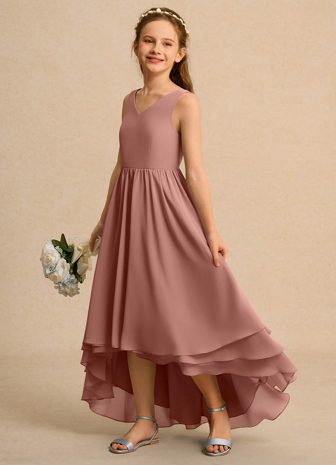 Azazie Kitten Girl Jurken voor bloemenmeisjes A-Lijn Jurk van Chiffon Ceder Roos image1