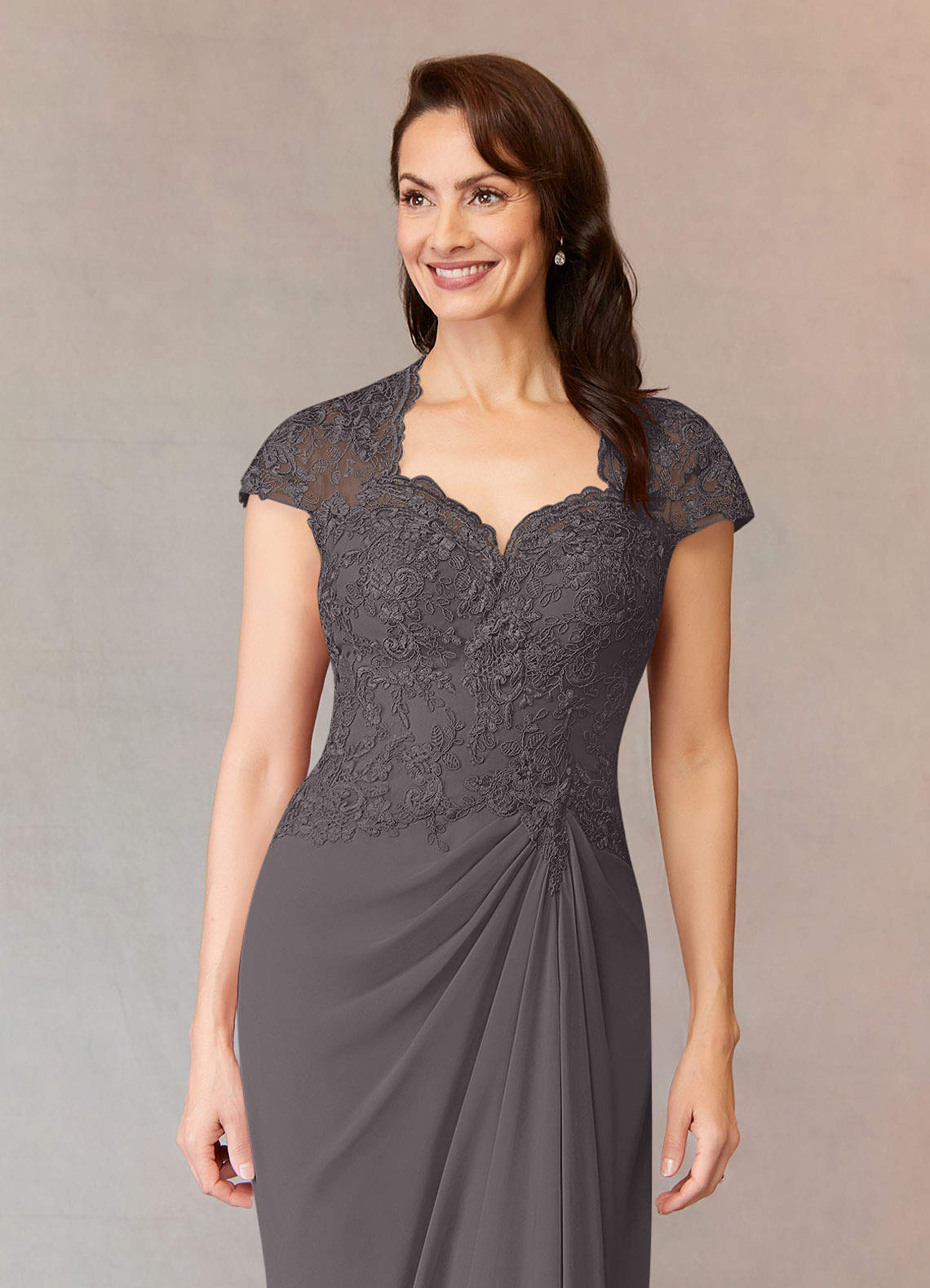 Azazie Junie Steel Grey A-Line Lace Chiffon Dress | Azazie