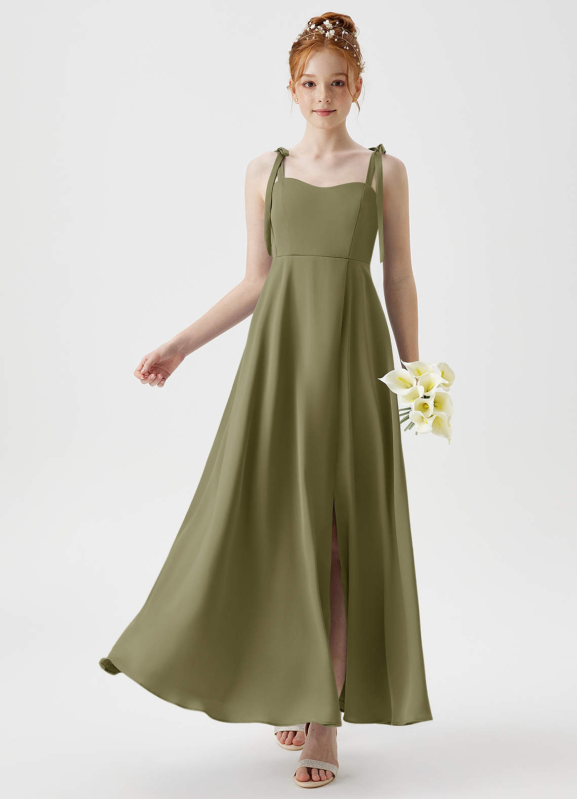 Azazie Rosey Junior Vestido de Pistacho de Satén Elástico de Corte En A con Escote de Corazón image1