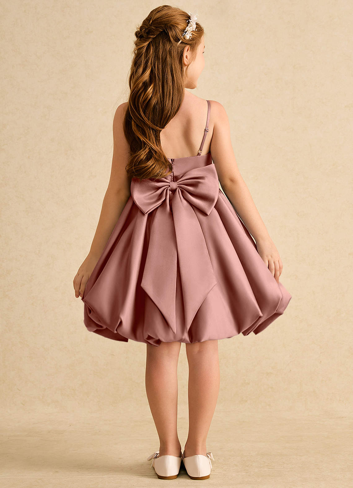 Azazie Davine vestidos de niña de las flores Vestido de Rosa De Cedro de Satin Mate de Corte En A con Tirante Espagueti image7
