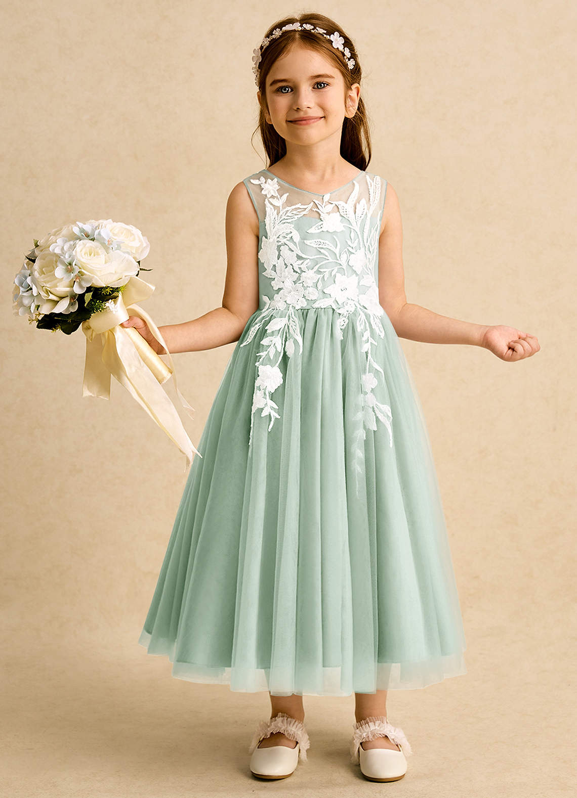 Azazie Sundae Jurken voor bloemenmeisjes Baljurk Jurk van Kant Agave image1