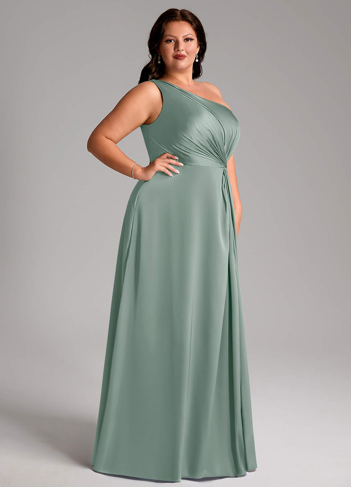 Azazie Brooke At-home Try On Dresses Emerald A-Line One Shoulder Stretch Satin Dress image10