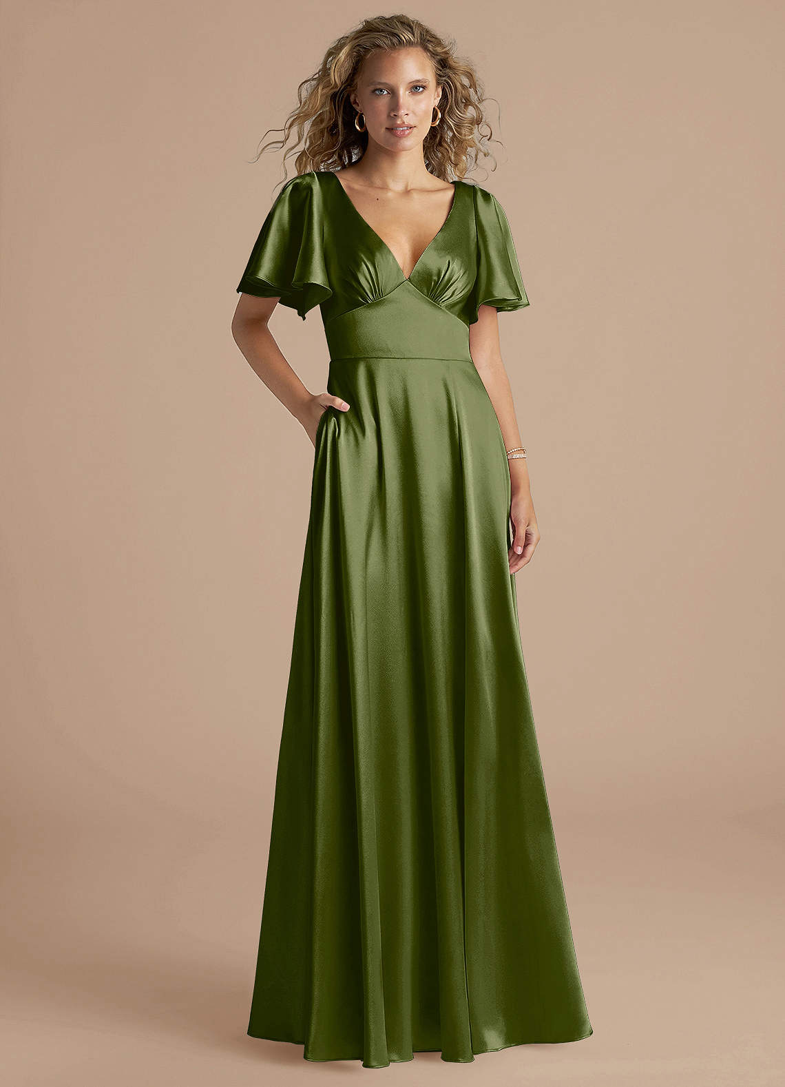 Azazie Kimber Bridesmaid Dresses Olive A-Line Ruched Metallic Satin Dress image1