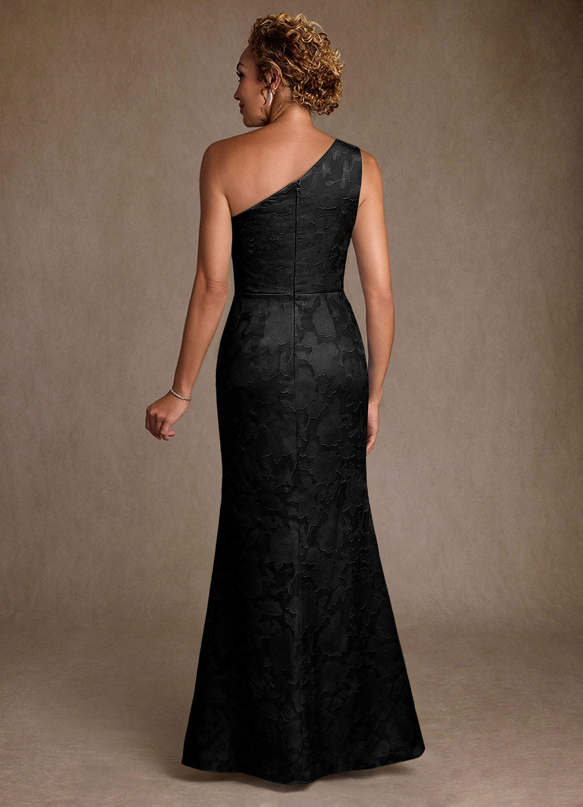 Azazie Joylin Mother of the Bride Dresses Black Trumpet One Shoulder Floral Burnout Dress image1