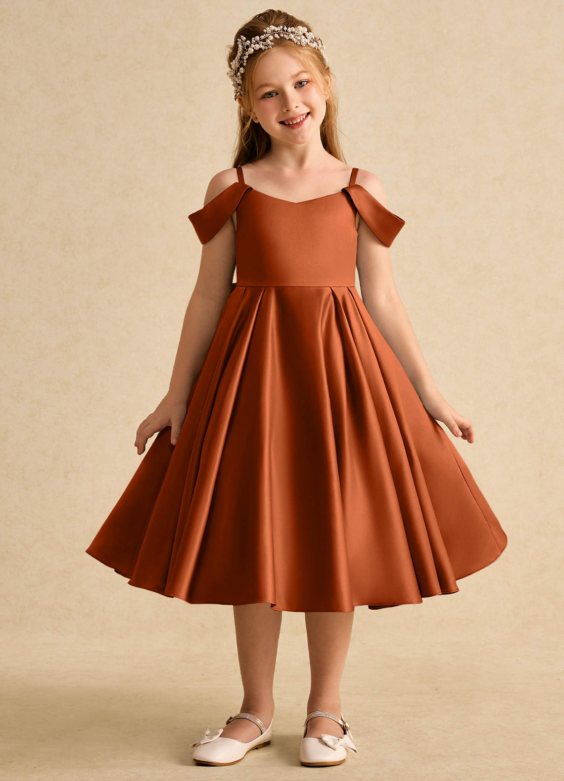 Azazie Favia Flower Girl Dresses Burnt Orange A-Line Off the Shoulder Matte Satin Dress image1
