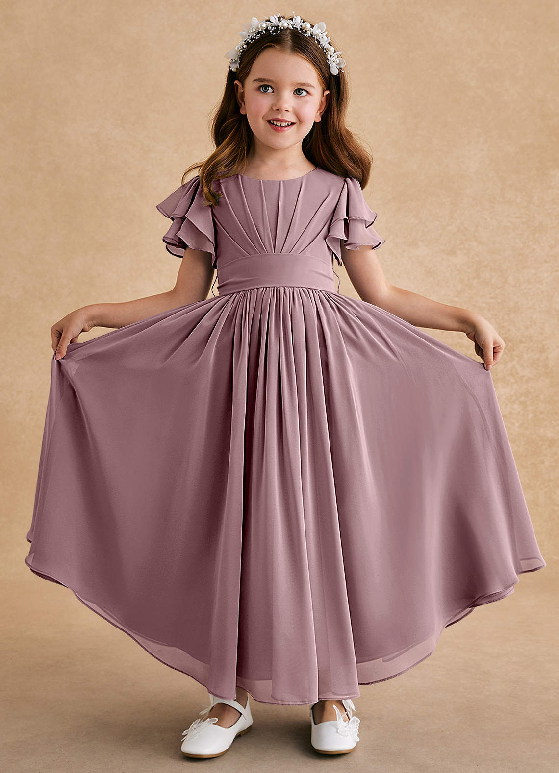 Azazie Ali Flower Girl Dresses Dusty Rose A-Line Pleated Chiffon Dress image1