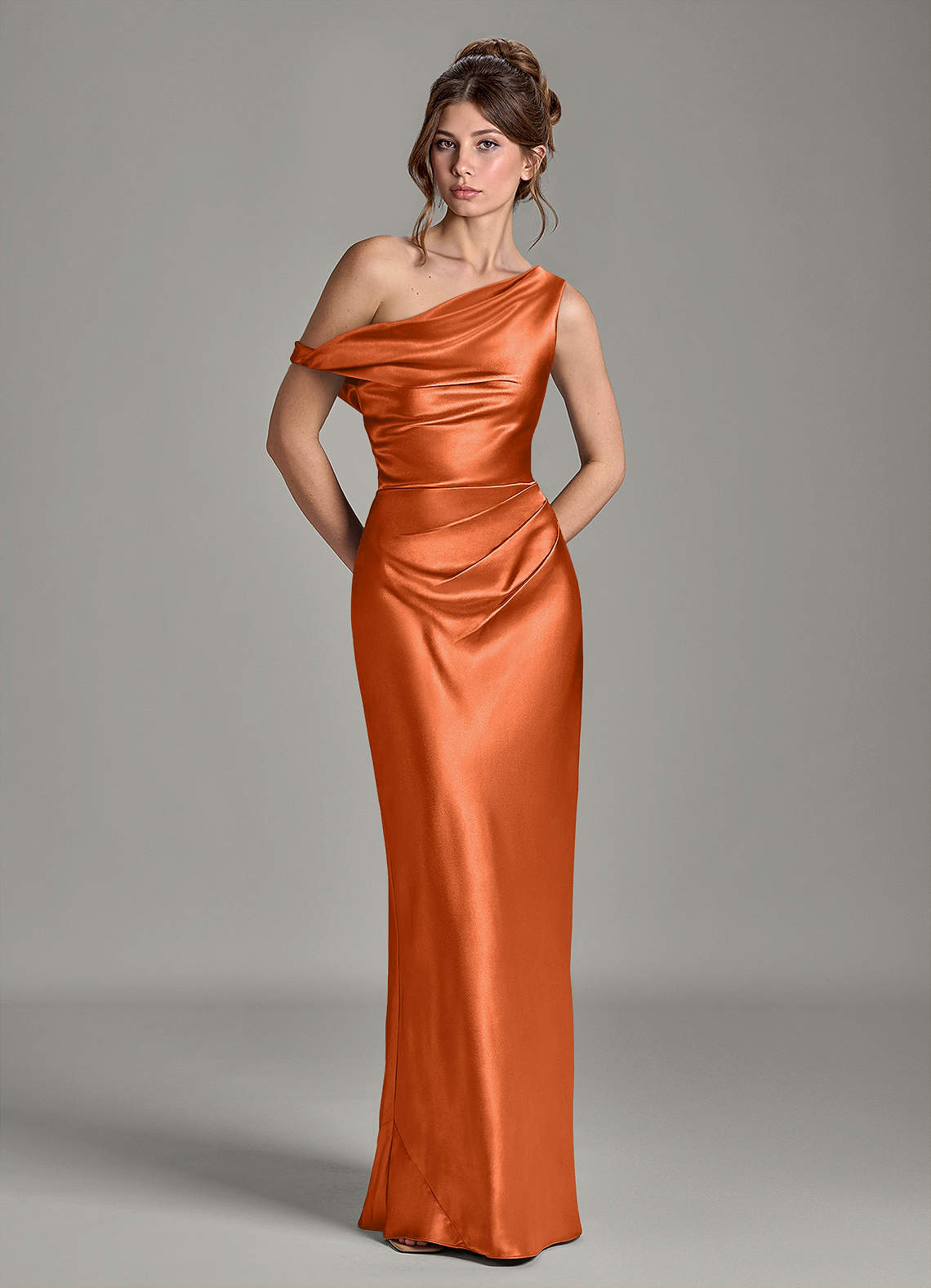 Azazie Emerson Bridesmaid Dresses Burnt Orange Mermaid Off the Shoulder Metallic Satin Dress image2