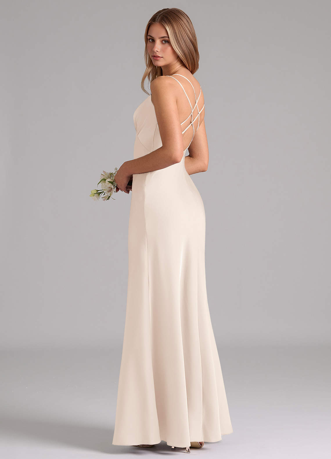Azazie A-Line V-Neck Floor-Length Stretch Satin Bridesmaid Dresses - White Alabaster