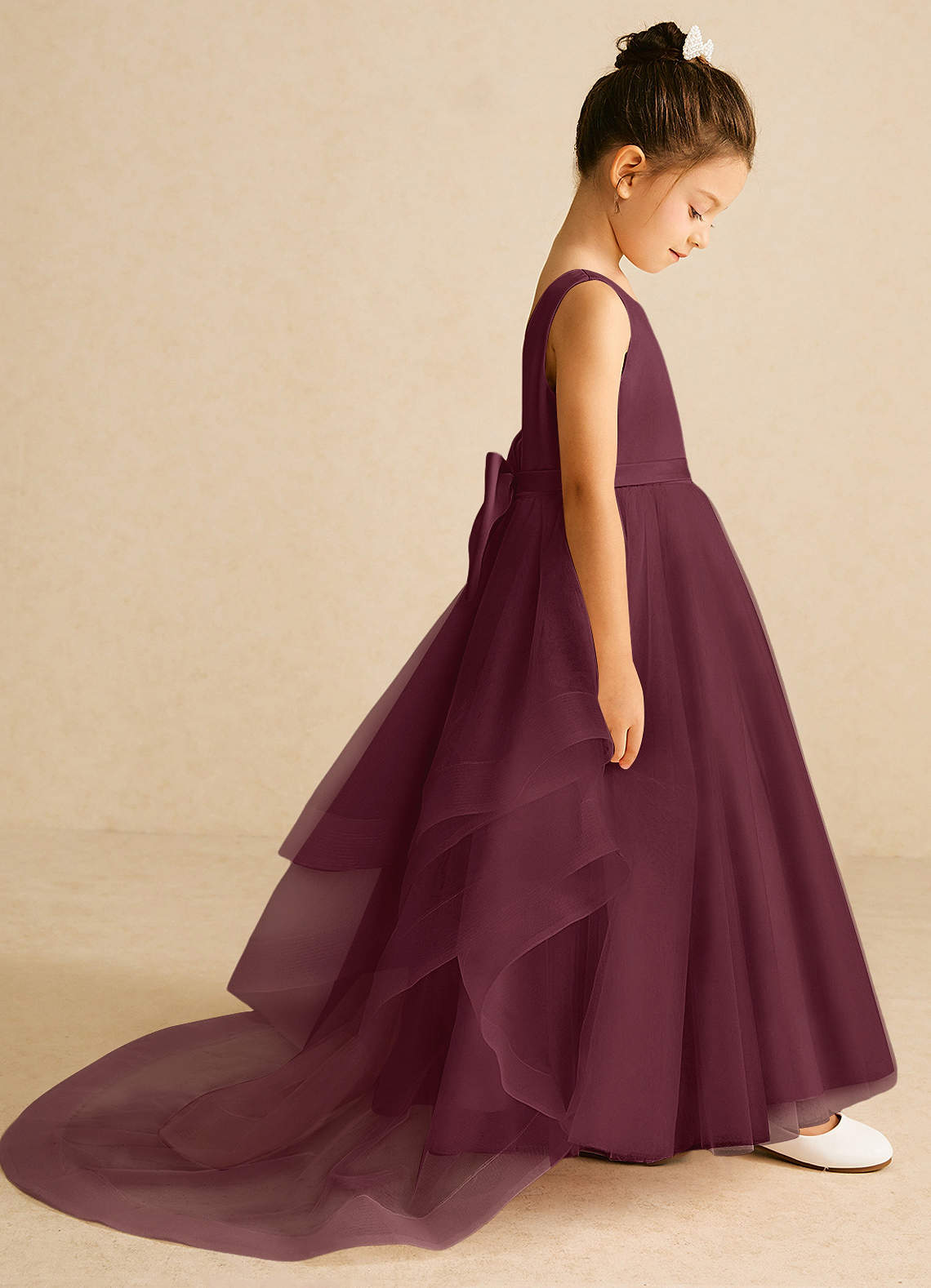 Azazie Pumpkin Flower Girl Dresses Cabernet A-Line Bow Tulle Dress image2