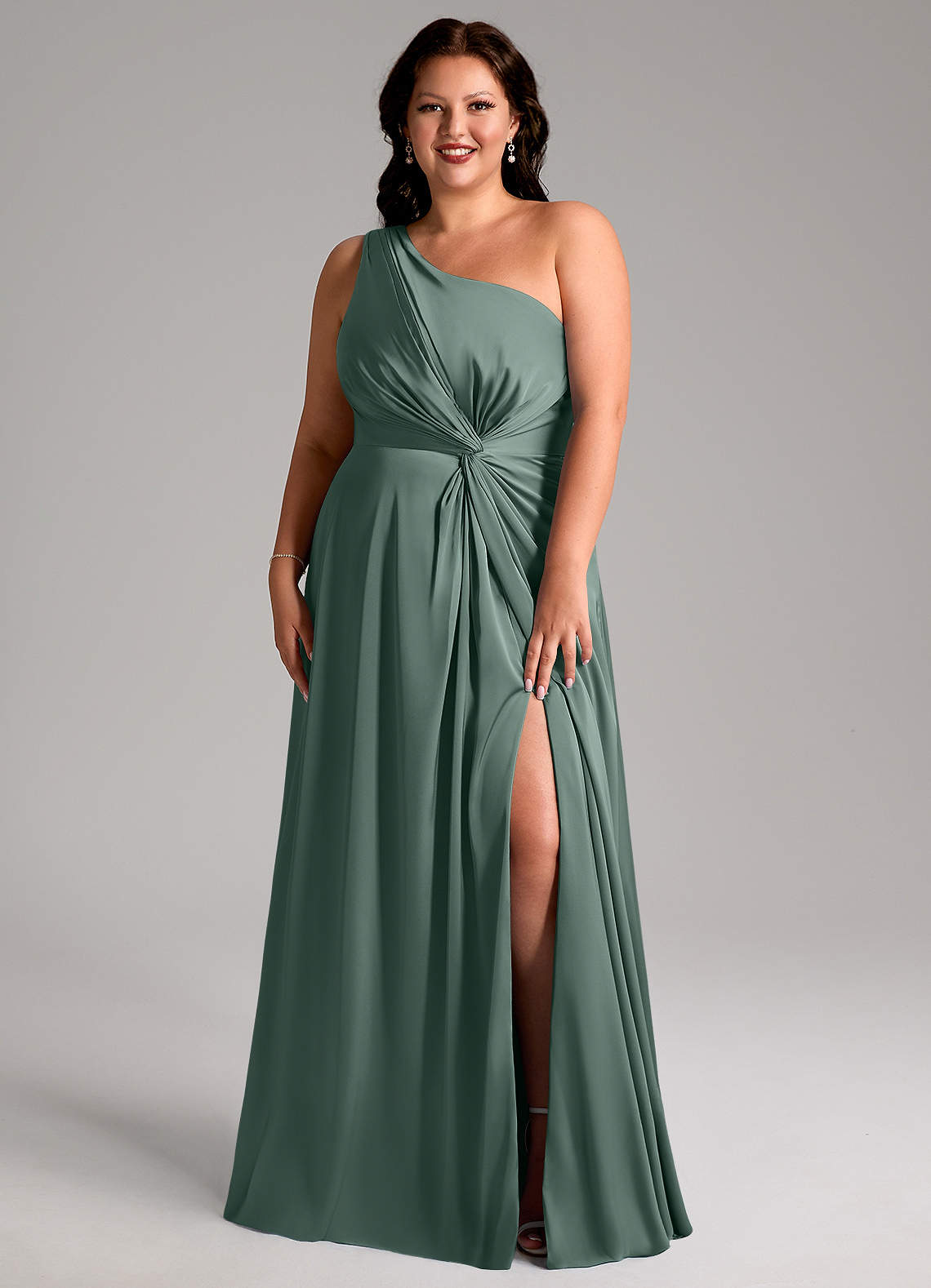 Azazie Brooke Bridesmaid Dresses Sea Moss A-Line One Shoulder Stretch Satin Dress image1