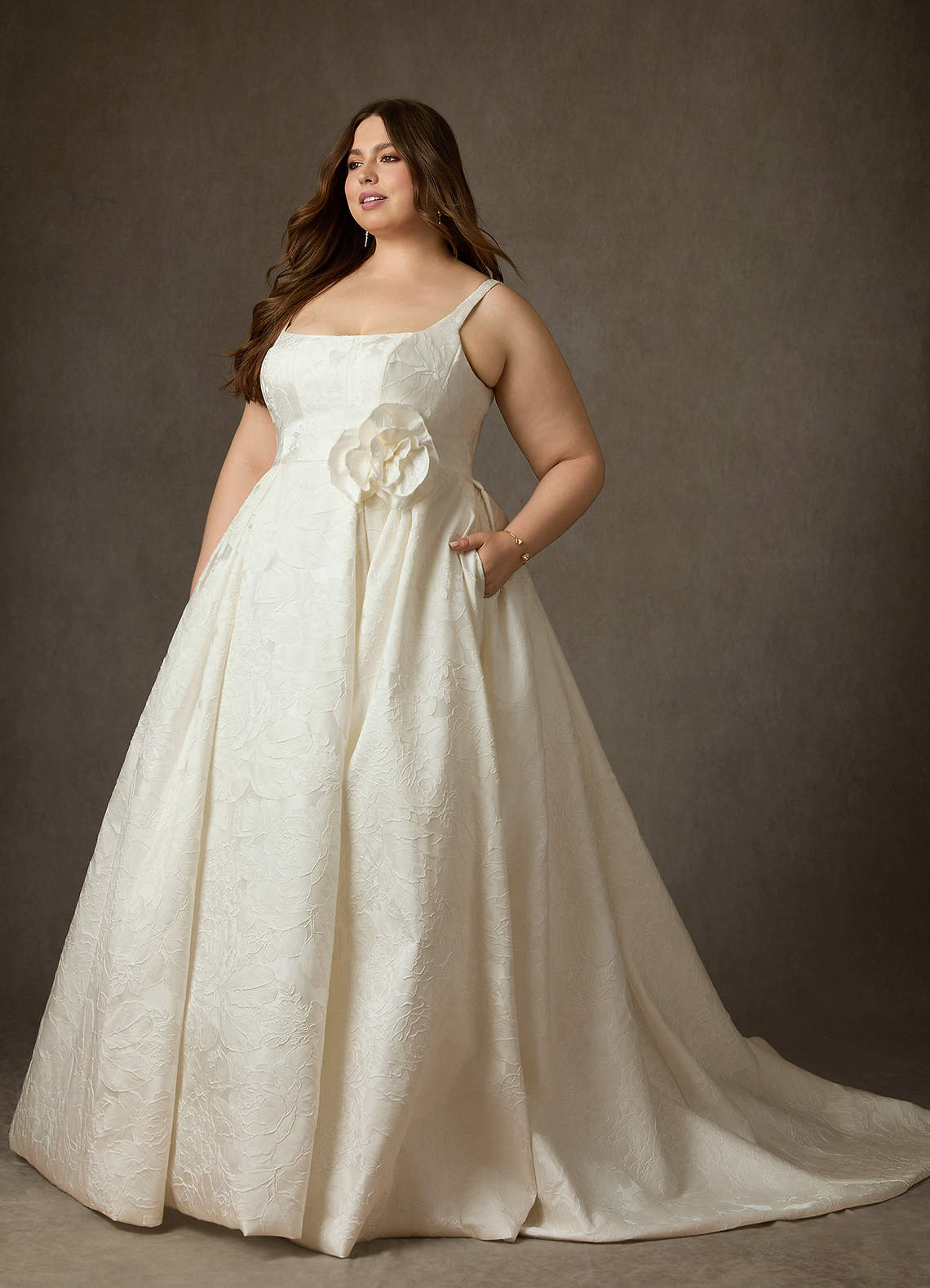 Azazie Ruby Wedding Dresses Antique White Ball-Gown with Pockets Floral Jacquard Dress image14
