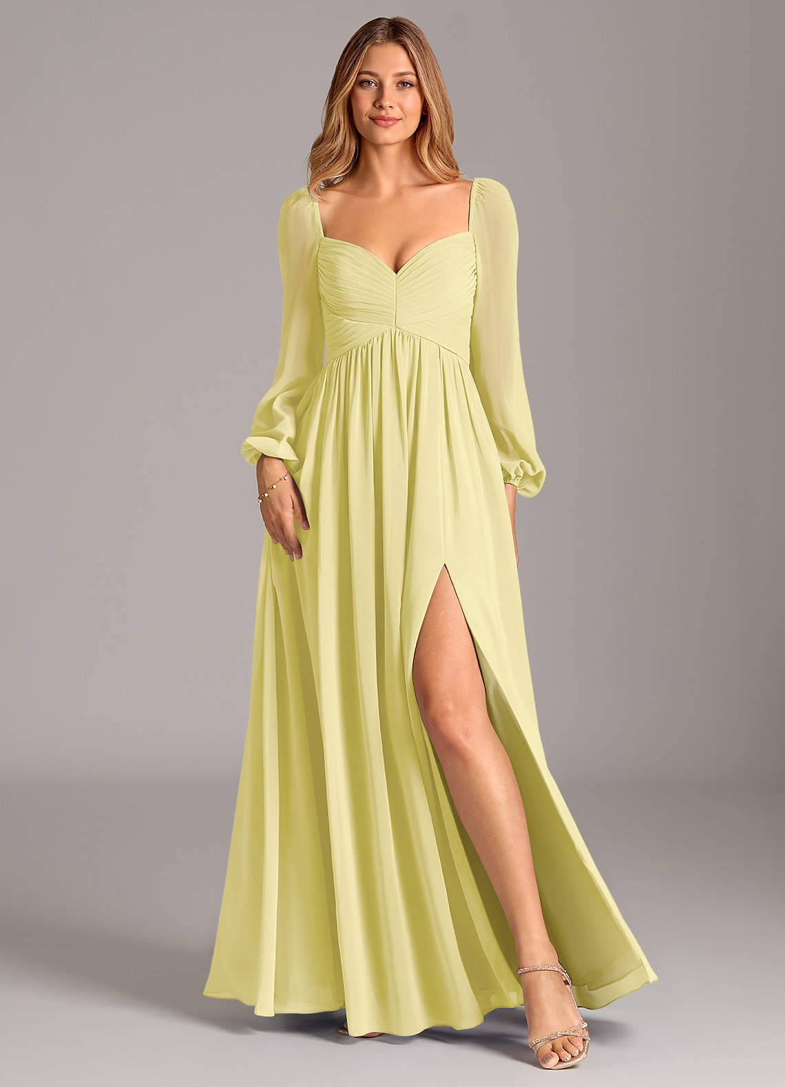 Azazie Bailee Robes de demoiselle d'honneur Robe Trapèze en Mousseline de soie Manche longue Sorbet Citron image1