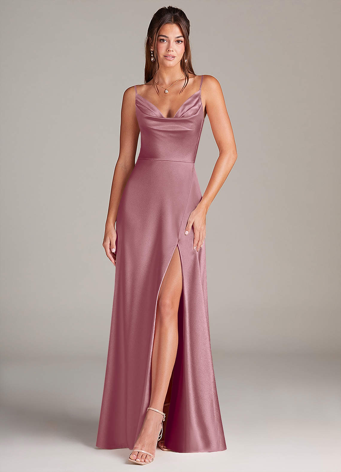 Azazie Sarella Bridesmaid Dresses Vintage Mauve A-Line Pleated Stretch Satin Dress image1