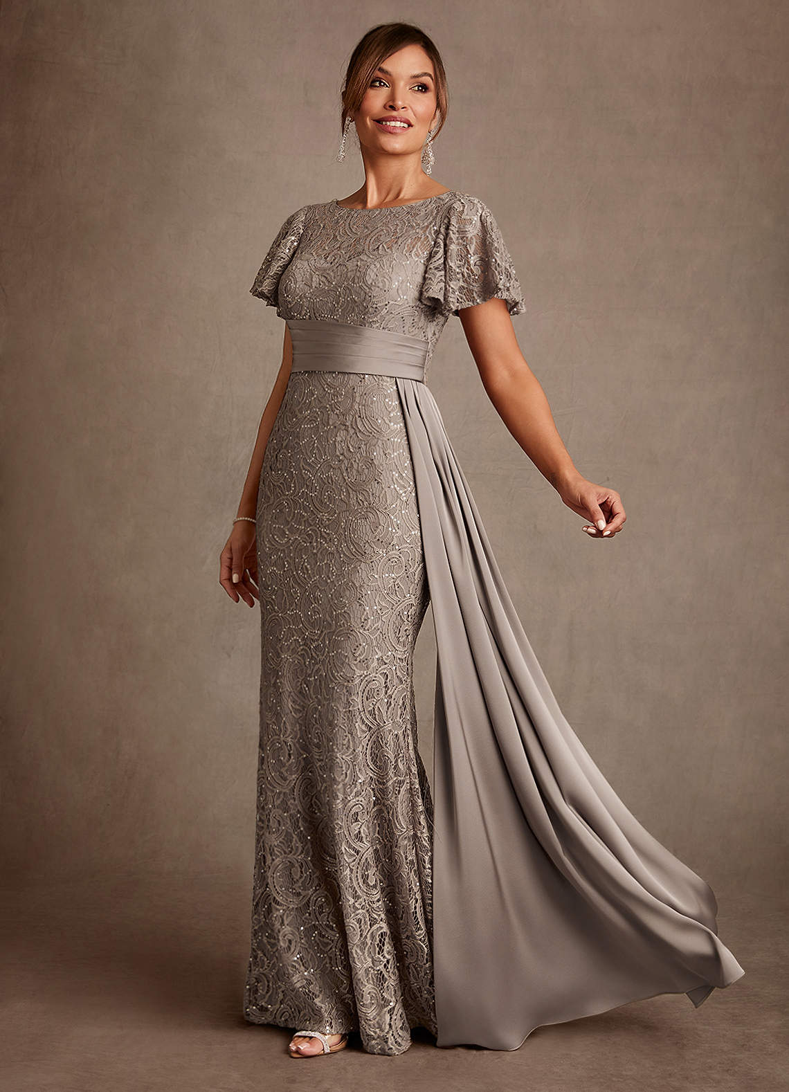 Azazie Harrison Taupe Mermaid Pleated Lace Dress | Azazie