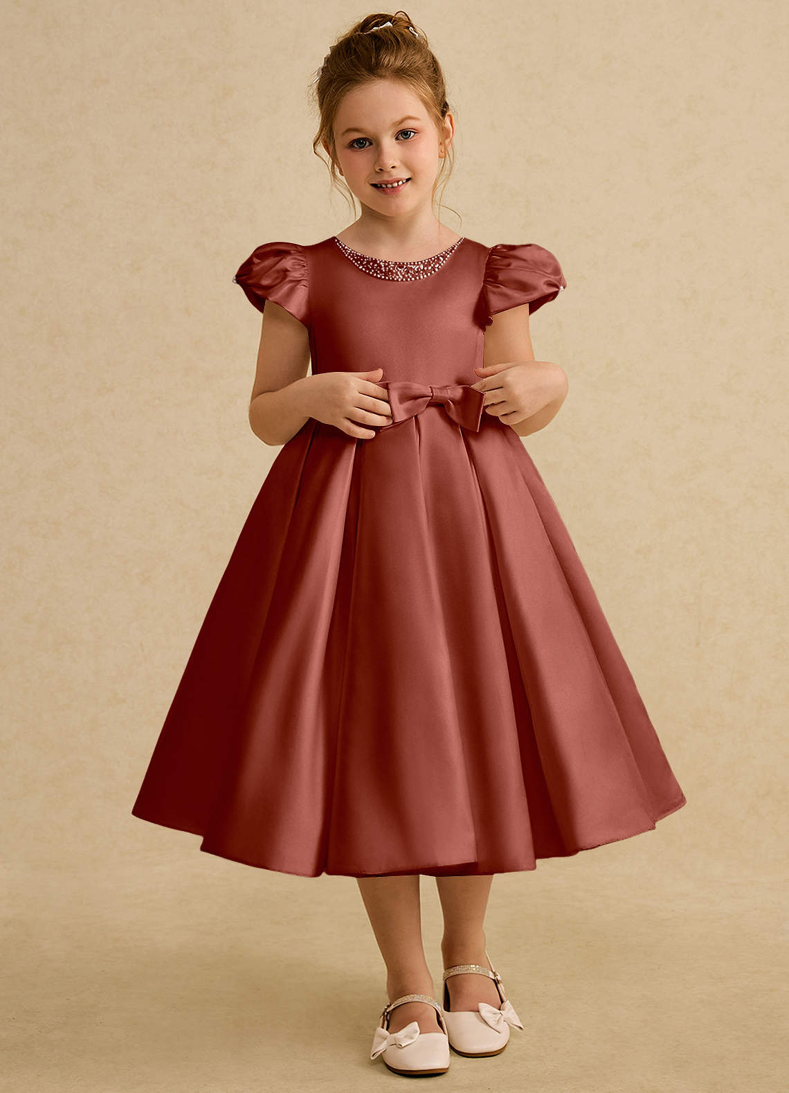 Azazie Pearl Abiti da Ragazza di Fiori Abito Principessa in Raso Opaco Plissettato Auburn image1