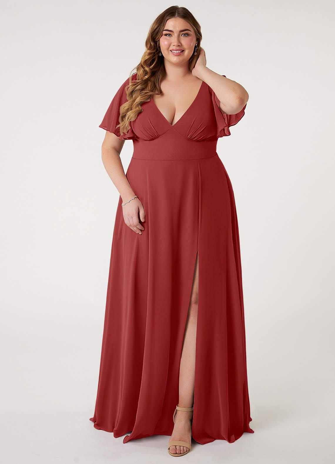 Azazie Kimber Bridesmaid Dresses Rust A-Line Flounce Sleeve Chiffon Dress image1